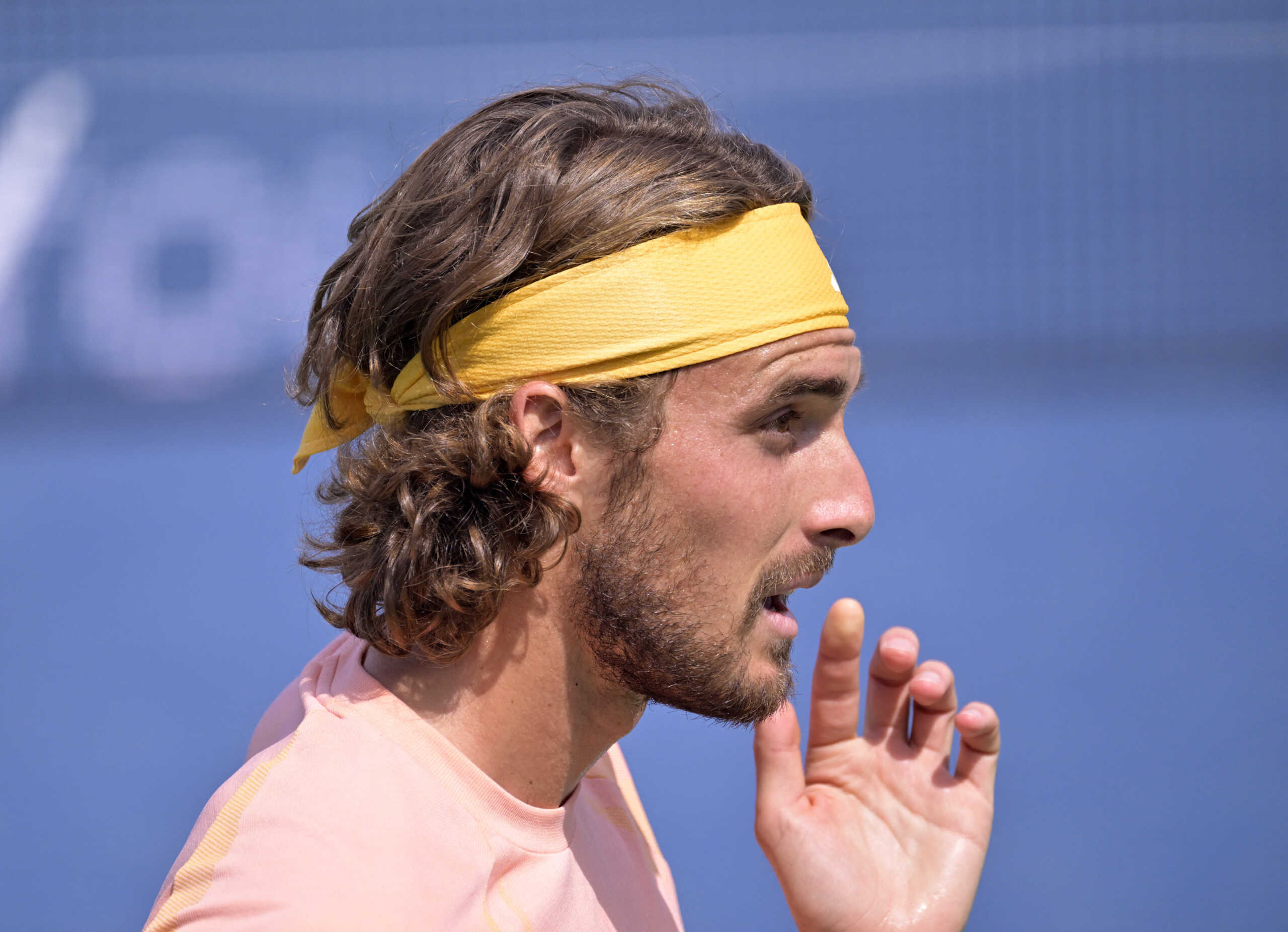 Aug 8, 2024; Montreal, Quebec, Canada; Stefanos Tsitsipas (GRE) reacts during a match against Kei Nishikori (JPN) (not pictured) in second round play at IGA Stadium. Mandatory Credit: Eric Bolte-USA TODAY Sports