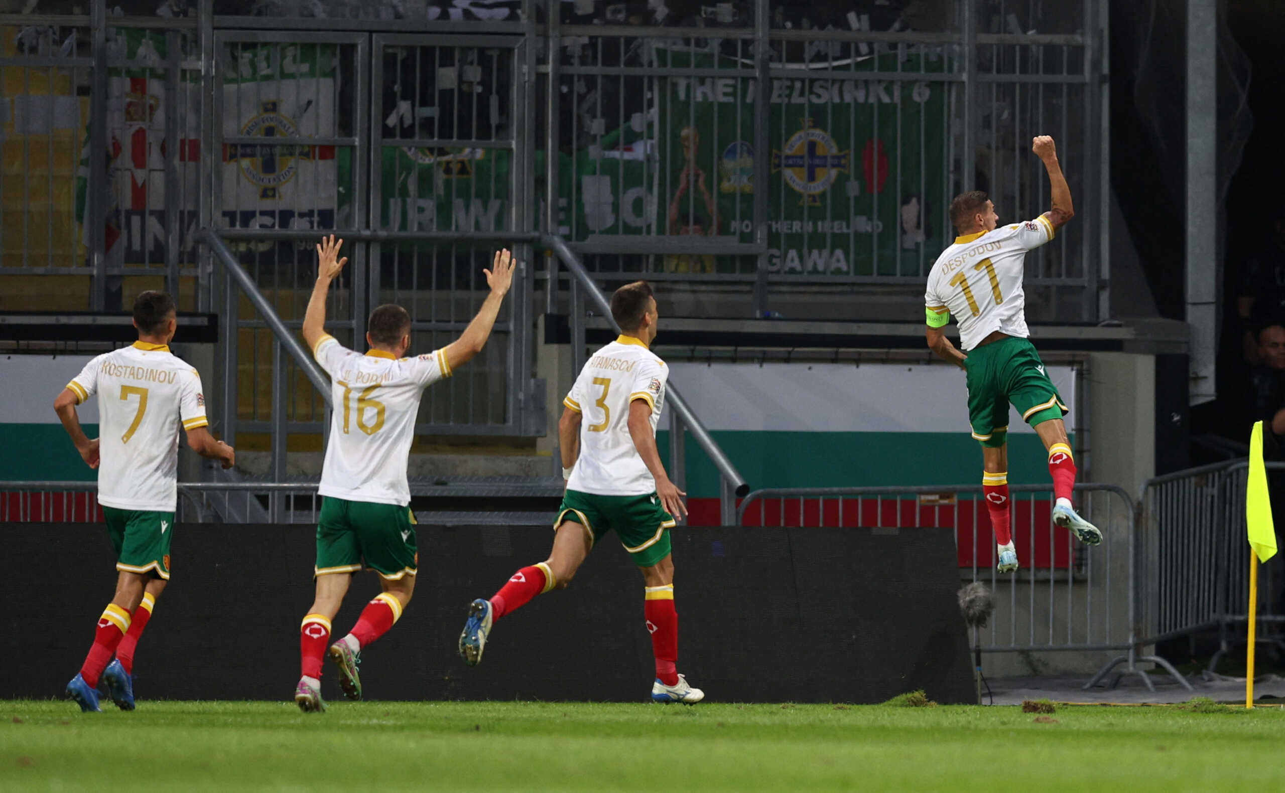 Soccer Football - Nations League - League C - Group 3 - Bulgaria v Northern Ireland - Hristo Botev Stadium, Plovdiv, Bulgaria - September 8, 2024 Bulgaria's Kiril Despodov celebrates scoring their first goal with Zhivko Atanasov, Viktor Popov and Georgi Kostadinov REUTERS