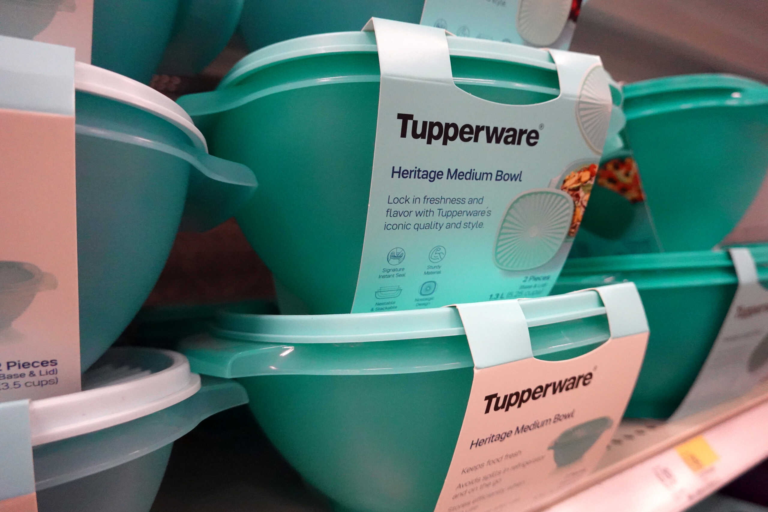 CHICAGO, ILLINOIS - APRIL 10: Tupperware products are offered for sale at a retail store on April 10, 2023 in Chicago, Illinois. Tupperware stock closed down nearly 50 percent today after the company warned that it may go out of business.  (Photo by Scott Olson