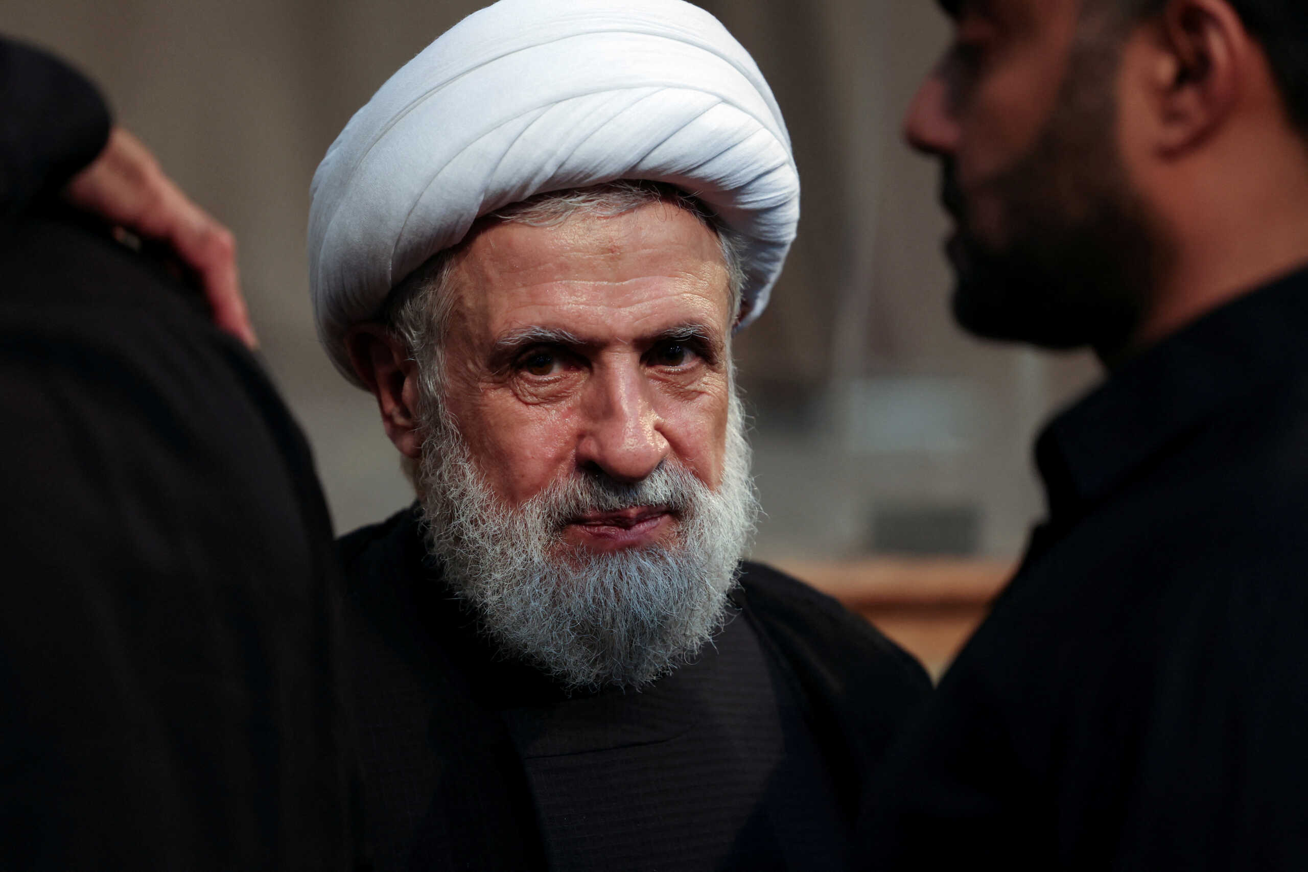 FILE PHOTO: Lebanon's Hezbollah deputy leader Sheikh Naim Qassem accepts condolences for the death of Hezbollah senior commander Fuad Shukr, who was killed on Tuesday in an Israeli strike, in Beirut's southern suburbs, Lebanon August 2, 2024. REUTERS