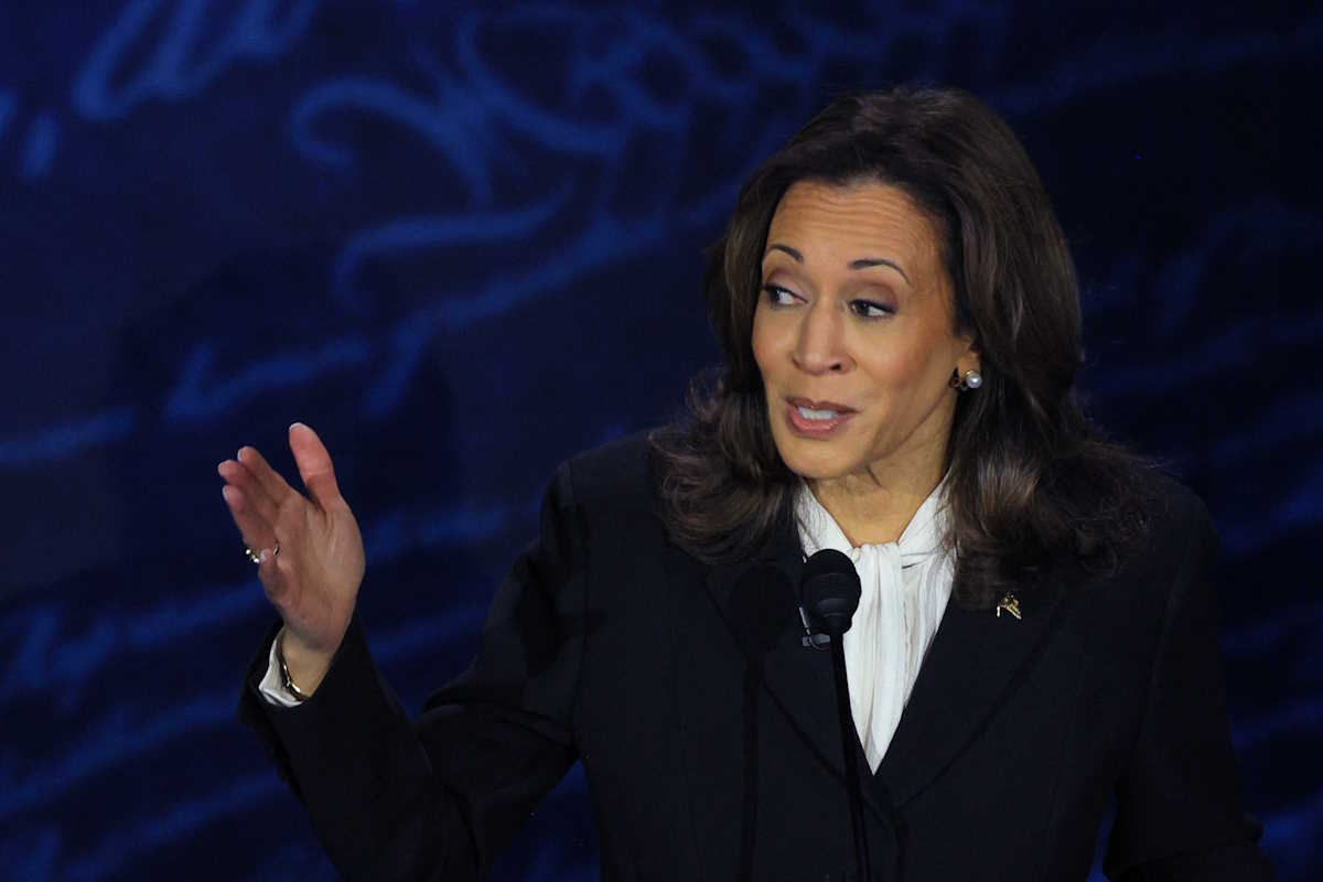 Democratic presidential nominee, U.S. Vice President Kamala Harris speaks during a presidential debate hosted by ABC with Republican presidential nominee, former U.S. President Donald Trump, in Philadelphia, Pennsylvania, U.S., September 10, 2024.