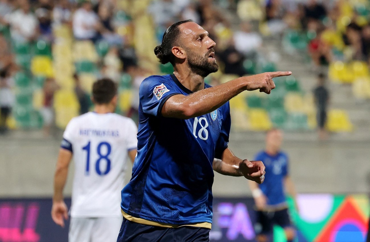 Soccer Football - Nations League - League C - Group 2 - Cyprus v Kosovo - AEK Arena, Lamaca, Cyprus - September 9, 2024 Kosovo's Vedat Muriqi celebrates scoring their second goal REUTERS