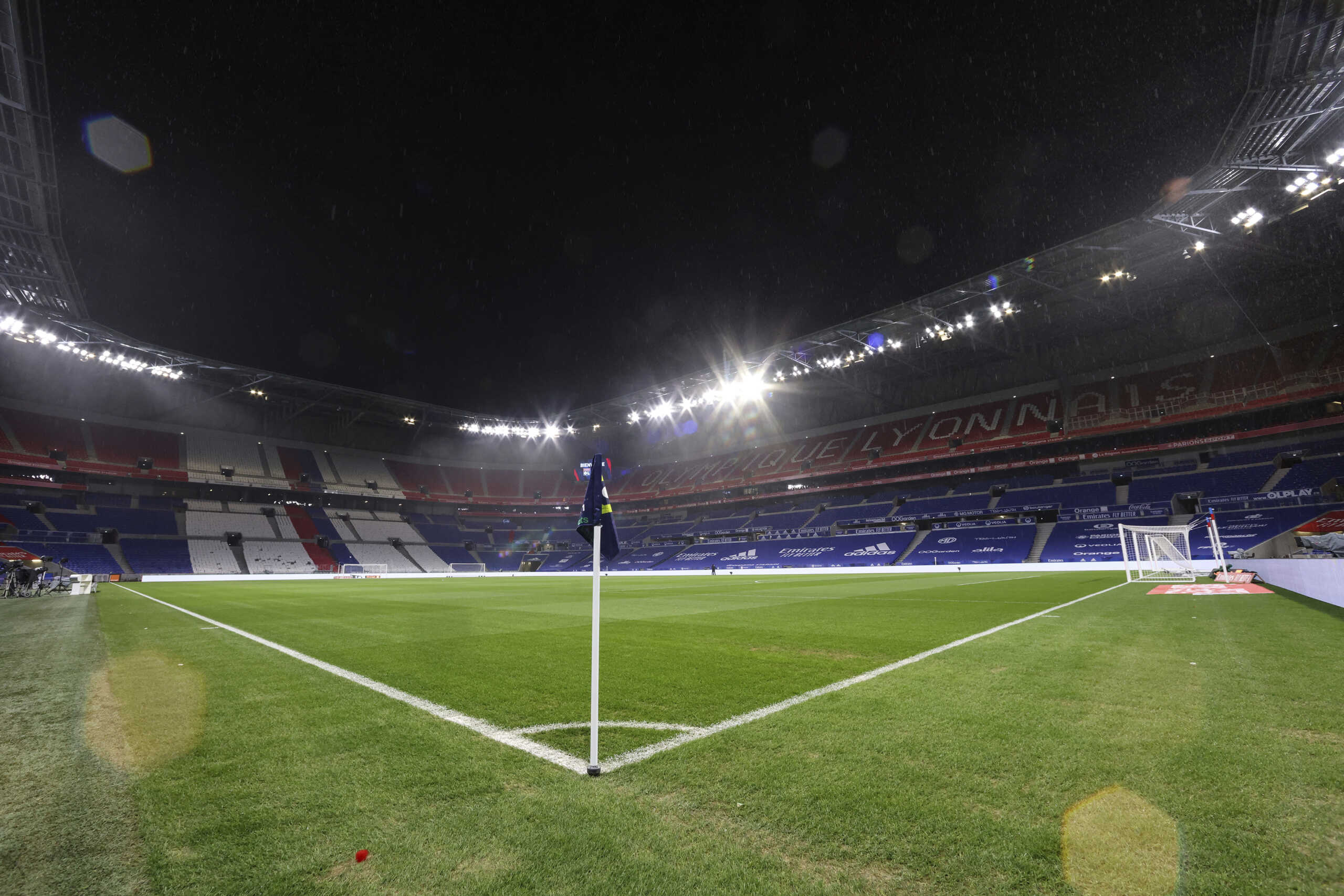 February 1, 2022, Lyon, United Kingdom: Lyon, France, 1st February 2022. A general view of a deserted Groupama stadium prior to the Ligue 1 Uber Eats match to be played behind closed doors after the original fixture was abandoned after little more than five minutes of play due to crowd trouble, between Olympique Lyonnais and Olympique De Marseille at the Groupama Stadium, Lyon. Picture credit should read: Jonathan Moscrop