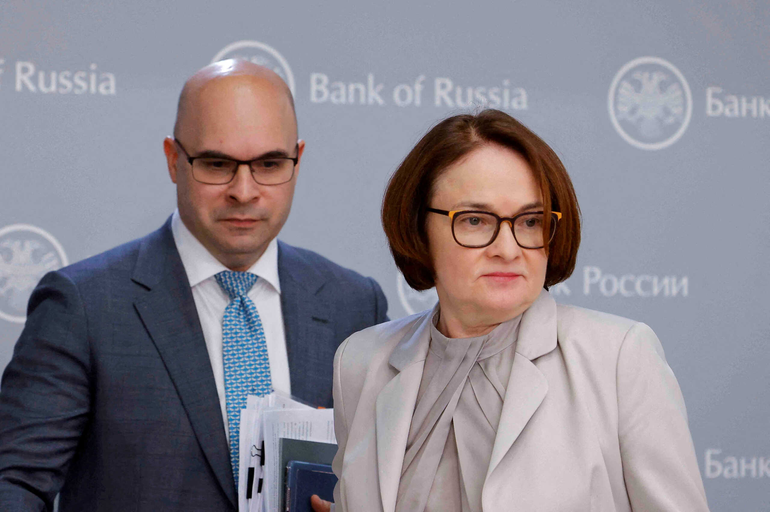 FILE PHOTO: Elvira Nabiullina, Governor of Russian Central Bank and Alexey Zabotkin, Deputy Governor of Russian Central Bank, attend a press conference in Moscow, Russia, July 26, 2024. REUTERS