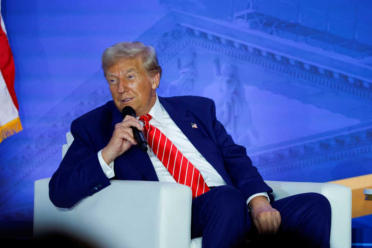 Republican presidential nominee and former U.S. President Donald Trump participates in a fireside chat during the Moms for Liberty National "Joyful Warriors" Summit, in Washington, U.S., August 30, 2024. REUTERS