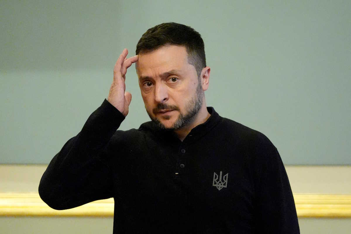 Ukraine's President Volodymyr Zelenskiy waits to meet U.S. Secretary of State Antony Blinken and Britain's Foreign Secretary David Lammy at the Mariinsky Palace in Kyiv, Ukraine, Wednesday, Sept. 11, 2024.  Mark Schiefelbein