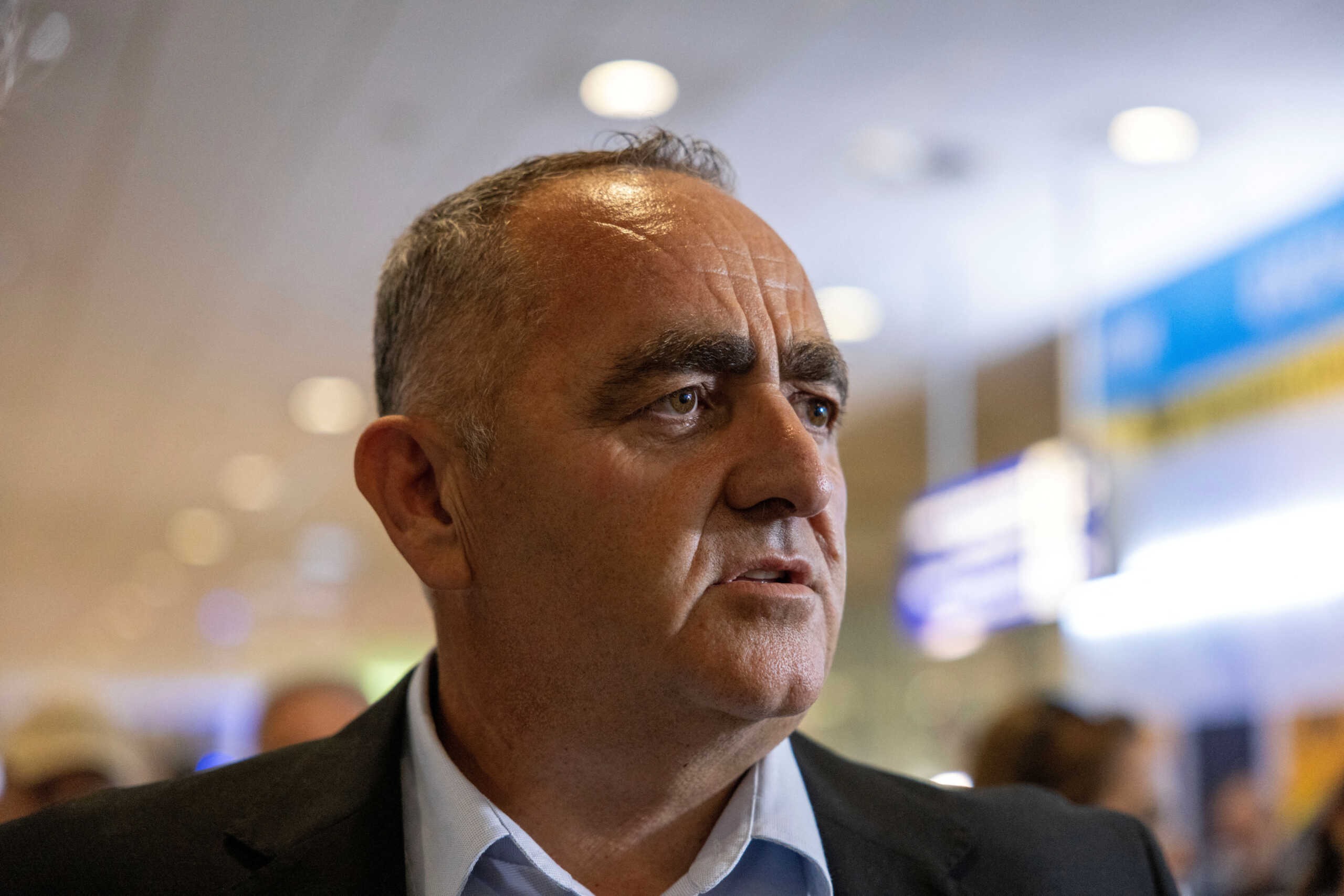 Ethnic Greek politician Fredi Beleri looks on at the Eleftherios Venizelos International Airport in Athens, Greece, July 15, 2024. Beleri left an Albanian jail to travel to Strasbourg to take the oath as a European Parliament lawmaker. REUTERS