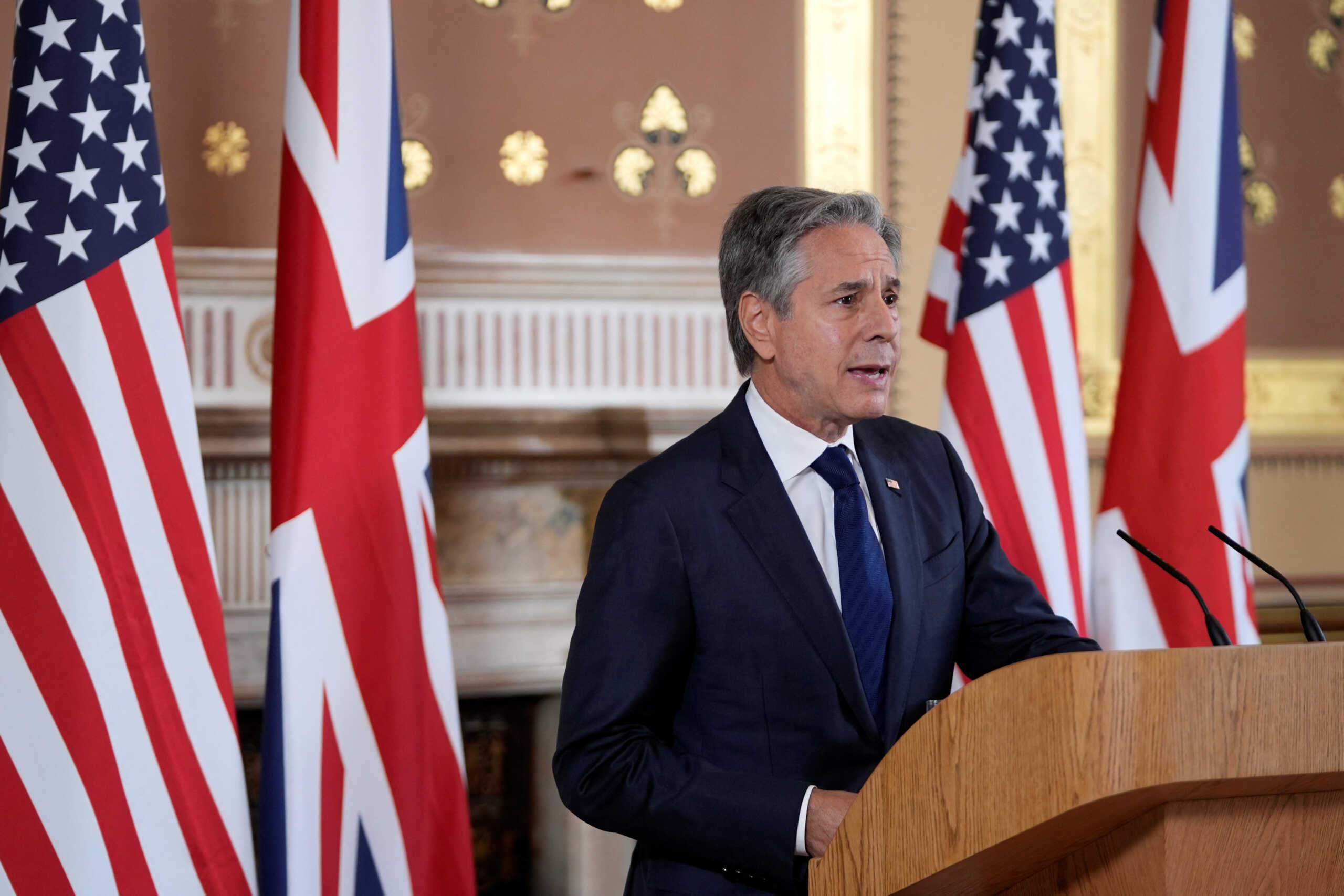 U.S. Secretary of State Antony Blinken speaks during a joint press conference with Britain's Foreign Secretary David Lammy in the Locarno room at the Foreign, Commonwealth and Development Office (FCDO) in London, Britain, September 10, 2024. Mark Schiefelbein