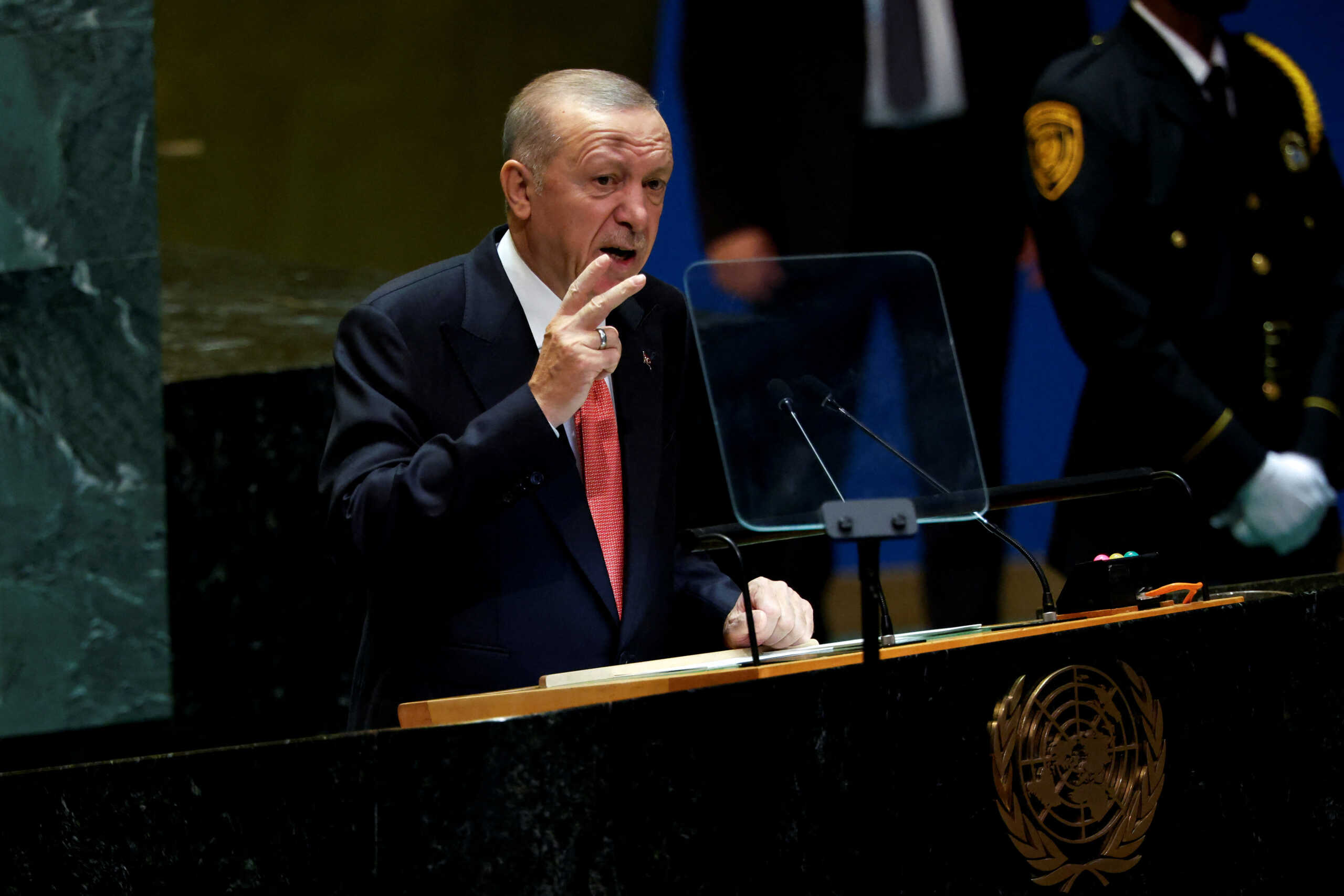 Turkey's President Tayyip Erdogan gestures as he addresses the 79th United Nations General Assembly at U.N. headquarters in New York, U.S., September 24, 2024.  REUTERS