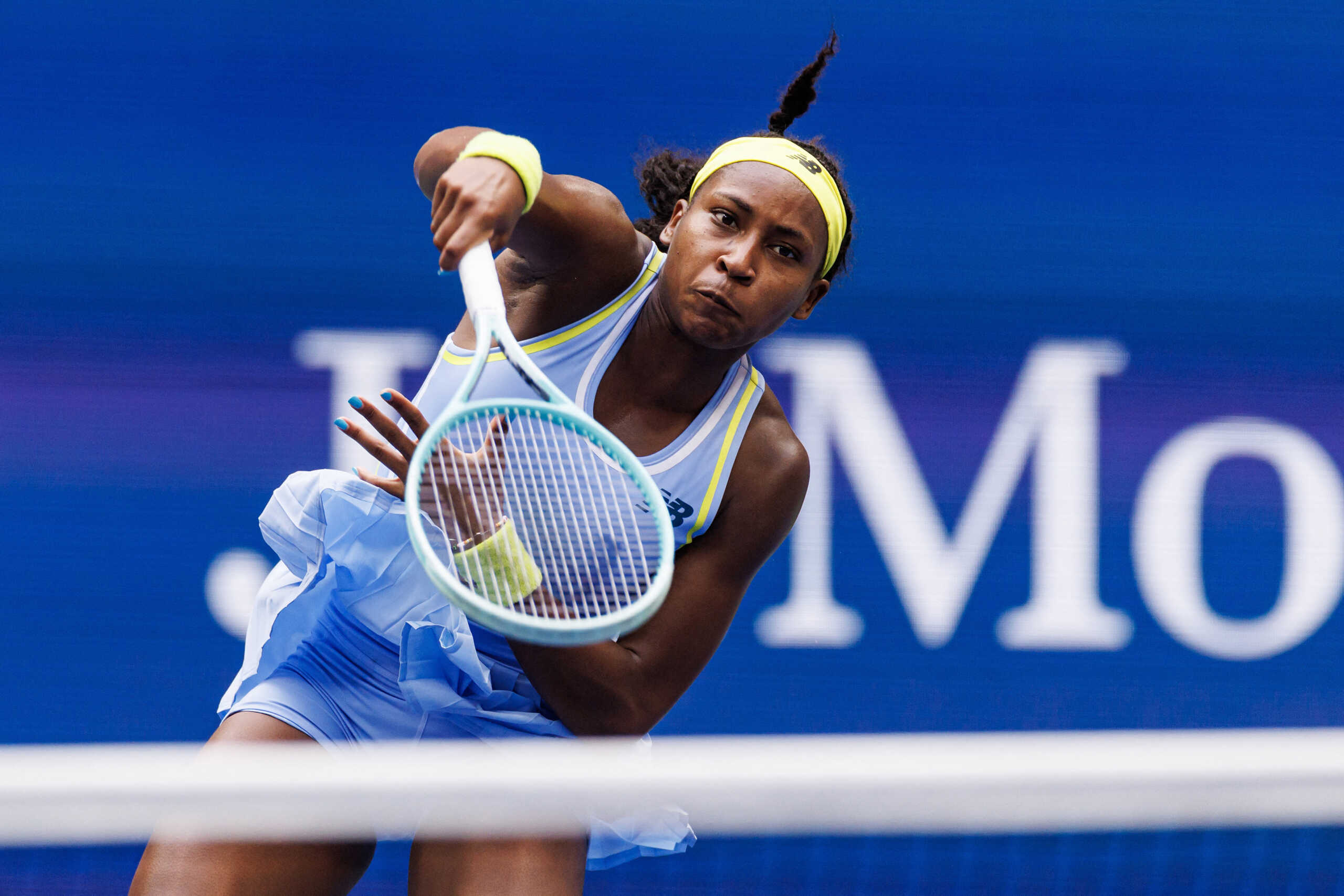 Sep 01, 2024; Flushing, NY, USA; Coco Gauff (USA) during her match against Emma Navarro (USA) on day seven of the 2024 U.S. Open tennis tournament at the USTA Billie Jean King National Tennis Center. Mandatory Credit: Mike Frey-USA TODAY Sports