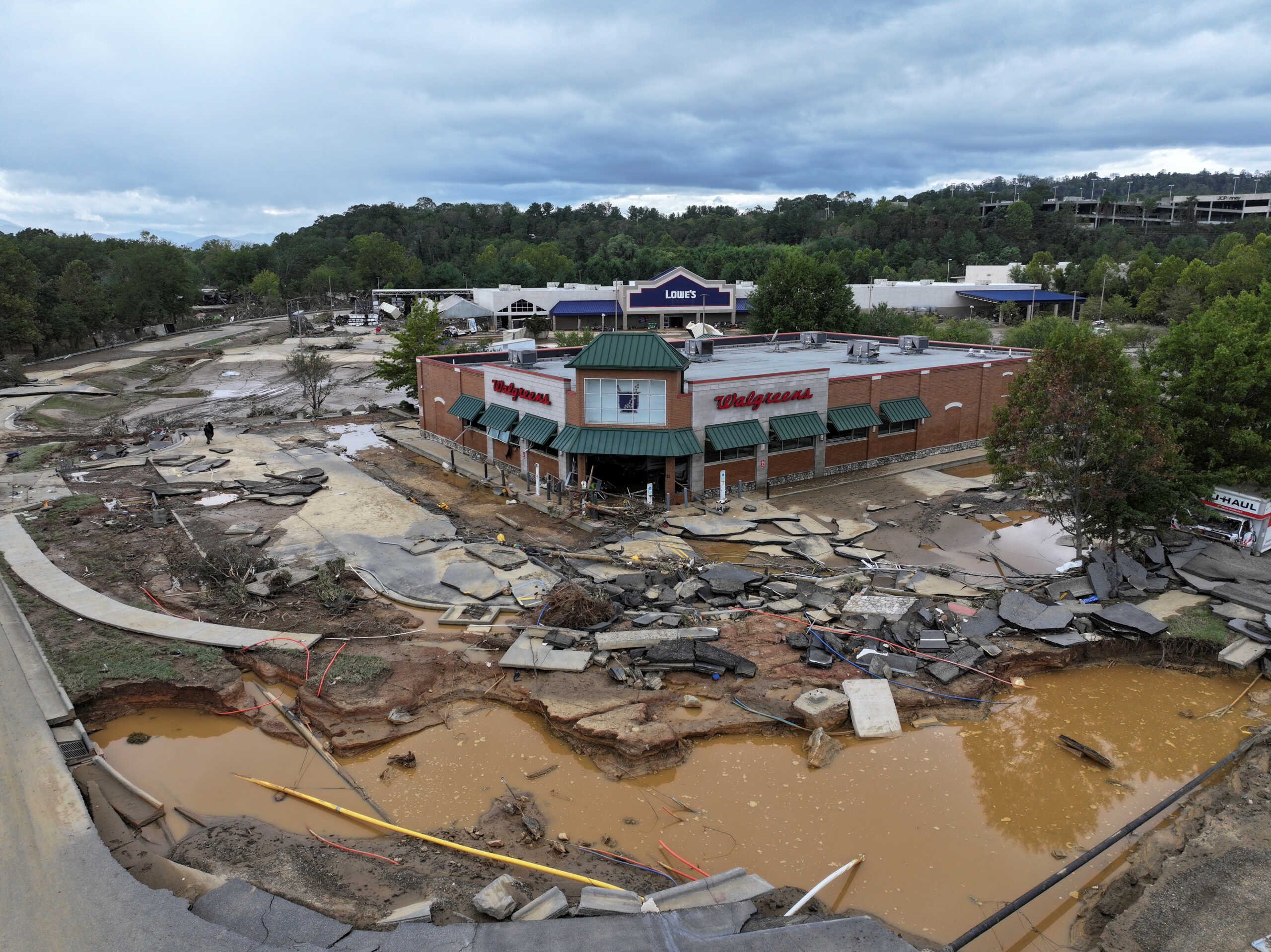 A drone view shows a damaged area, following the passing of Hurricane Helene, in Asheville, North Carolina, U.S., September 29, 2024. REUTERS