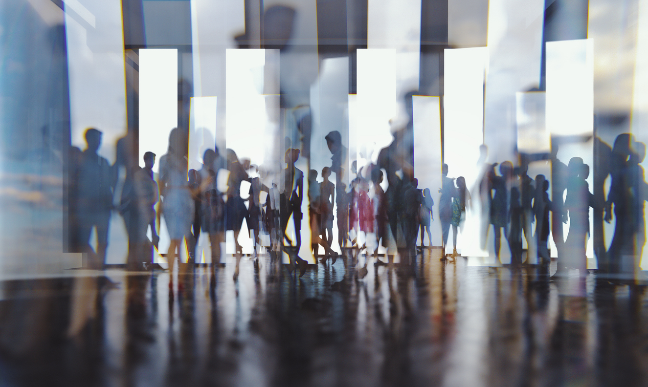 Abstract people silhouettes against glass, 3D generated image.