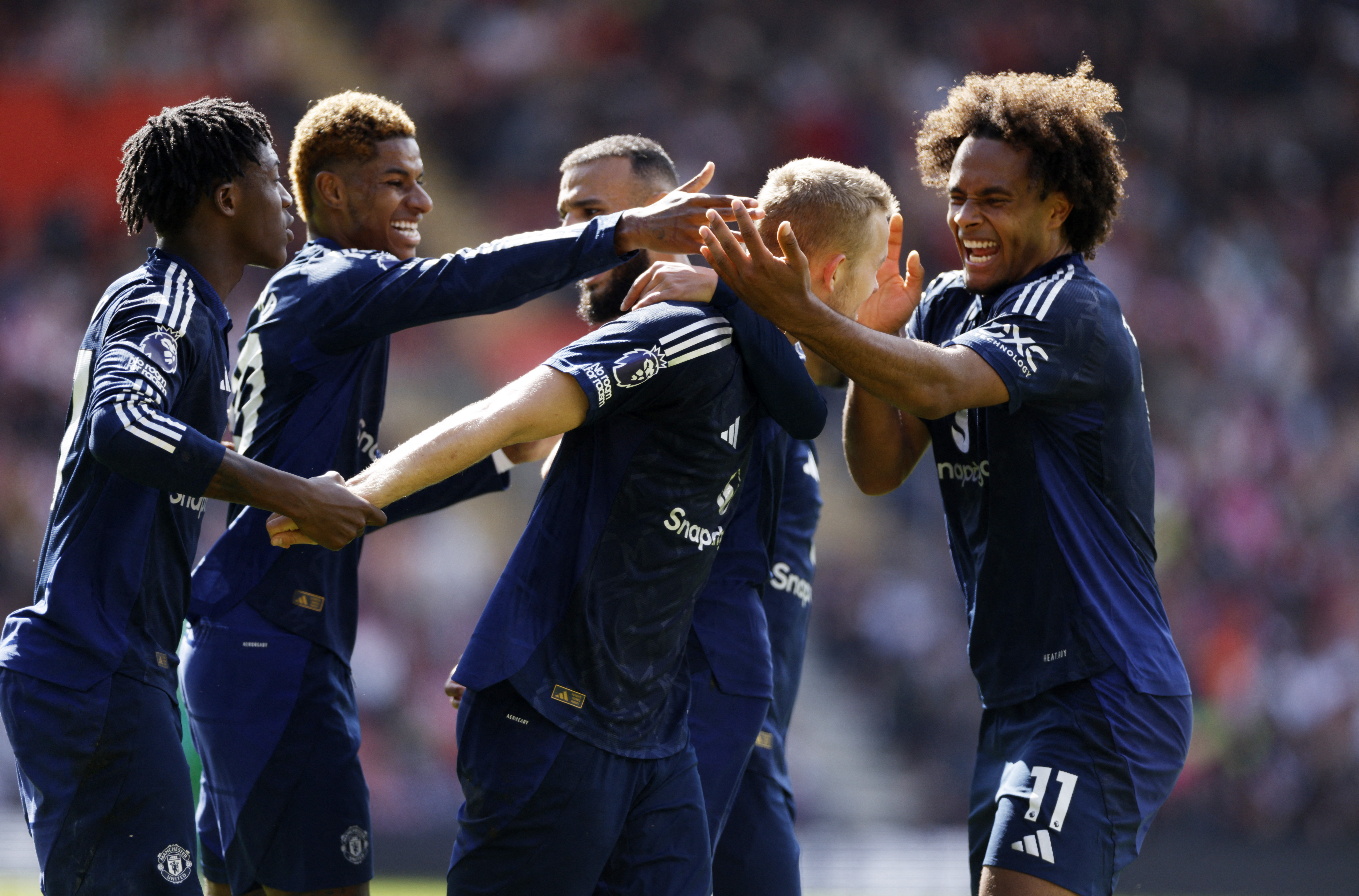 Soccer Football - Premier League - Southampton v Manchester United - St Mary's Stadium, Southampton, Britain - September 14, 2024 Manchester United's Matthijs de Ligt celebrates scoring their first goal with Joshua Zirkzee, Marcus Rashford, Kobbie Mainoo and Noussair Mazraoui Action Images via Reuters