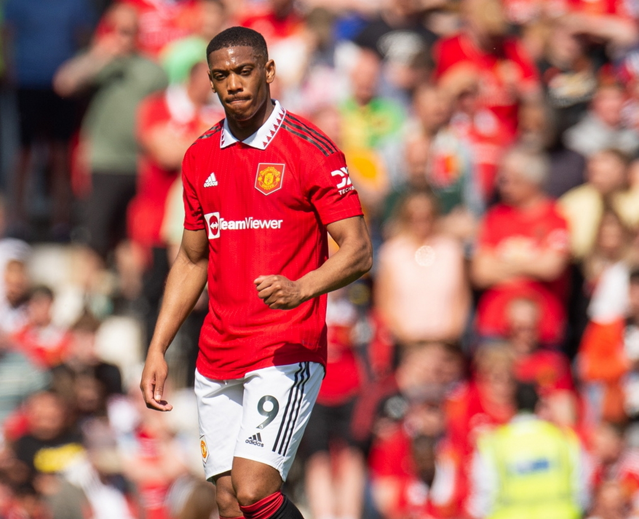 epa10625067 Manchester United's Anthony Martial celebrates after scoring the first goal during the English Premier League soccer match between Manchester United and Wolverhampton Wanderers at Old Trafford in Manchester, Britain, 13 May 2023.  EPA