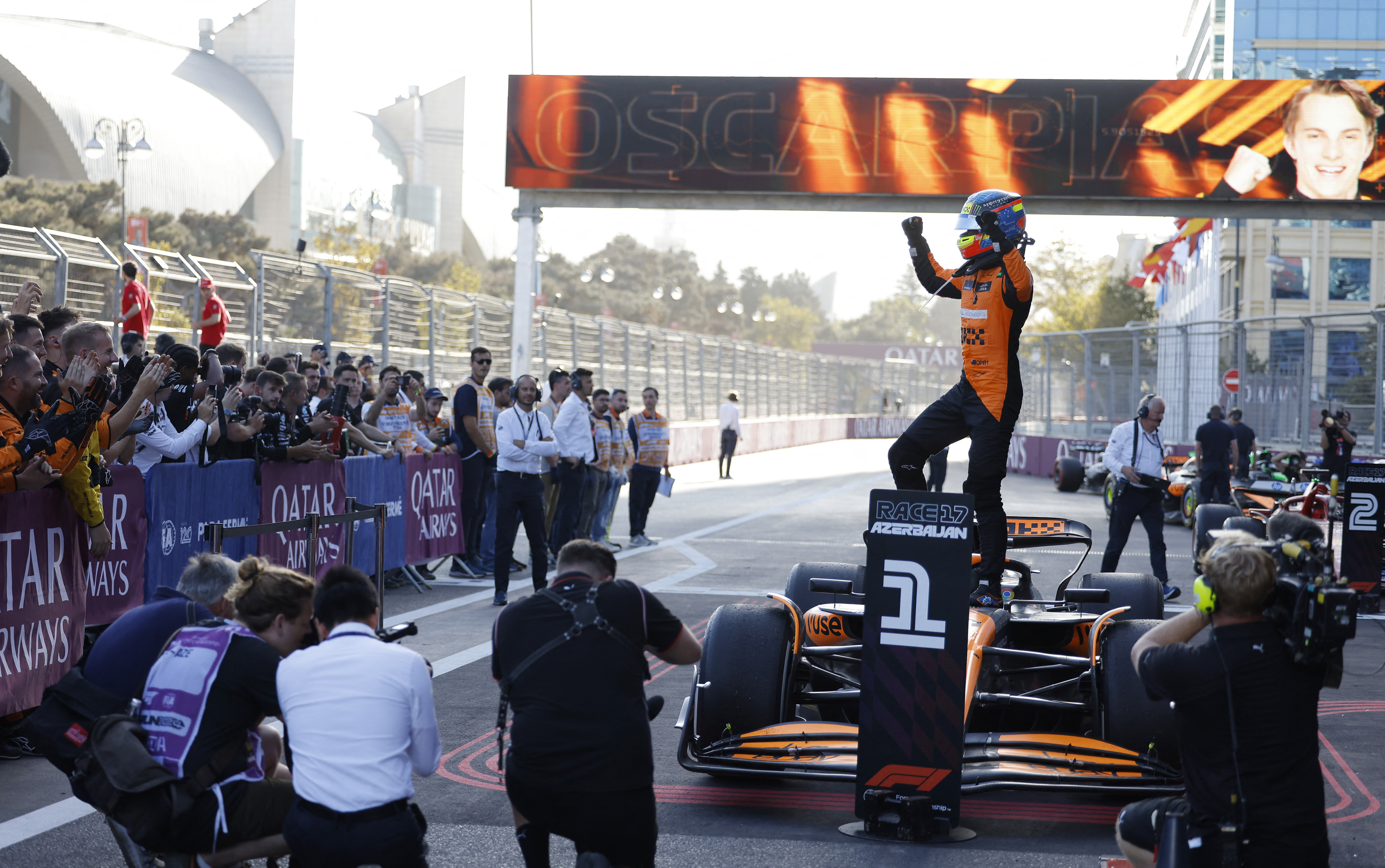 Formula One F1 - Azerbaijan Grand Prix - Baku City Circuit, Baku, Azerbaijan - September 15, 2024 McLaren's Oscar Piastri celebrates after winning the race REUTERS