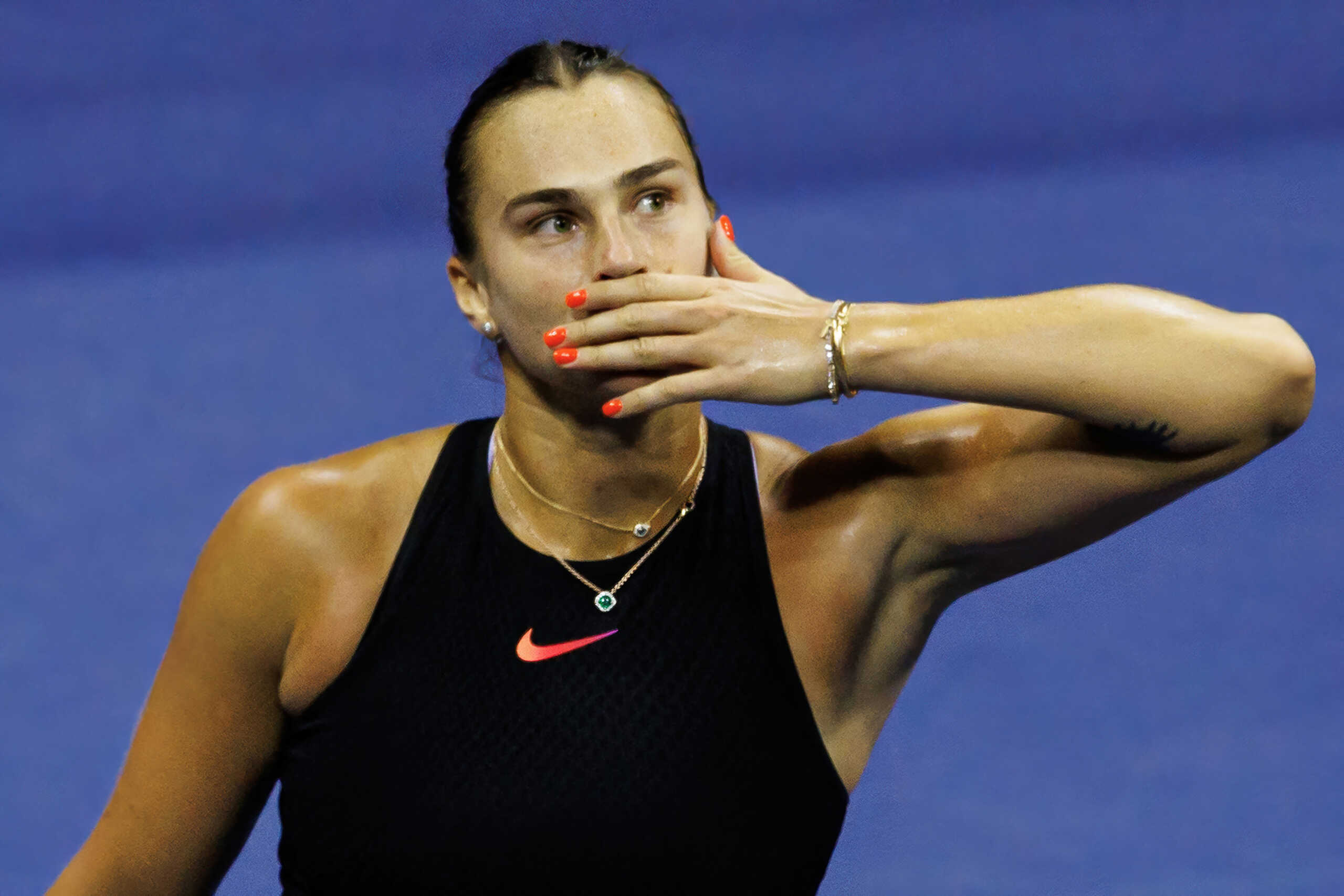 Sep 5, 2024; Flushing, NY, USA; Aryna Sabalenka of Belarus celebrates her victory over Emma Navarro of the United States on day eleven of the U.S. Open tennis tournament at the USTA Billie Jean King National Tennis Center. Mandatory Credit: Mike Frey-Imagn Images