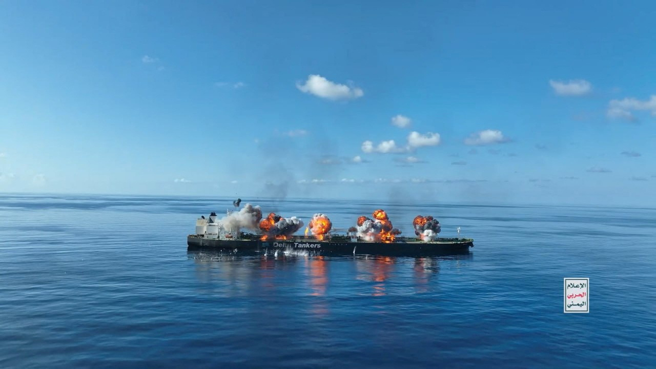 Explosions take place on the deck of the Greek-flagged oil tanker Sounion on the Red Sea, in this handout picture released August 29, 2024. Houthi Military Media