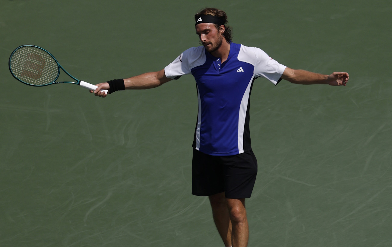 Aug 27, 2024; Flushing, NY, USA; Stefanos Tsitsipas (GRE) reacts after missing a shot against Thanasi Kokkinakis (AUS)(not pictured) in a men's singles match on day two of the 2024 U.S. Open tennis tournament at USTA Billie Jean King National Tennis Center. Mandatory Credit: Geoff Burke-USA TODAY Sports