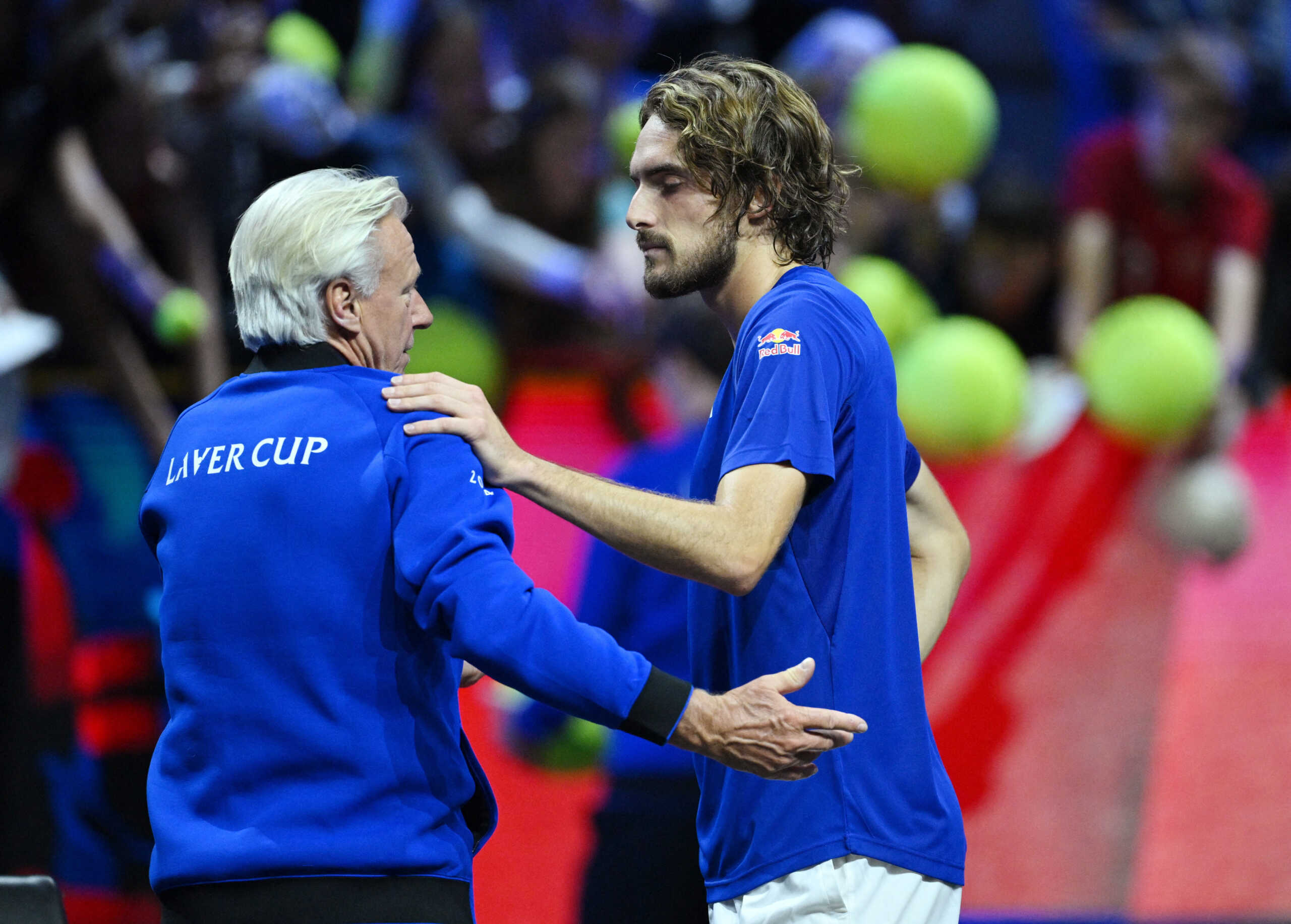 Tennis - Laver Cup - Uber Arena, Berlin, Germany - September 20, 2024  Team Europe's Stefanos Tsitsipas celebrates with captain Bjorn Borg after winning his match against Team World's Thanasi Kokkinakis REUTERS