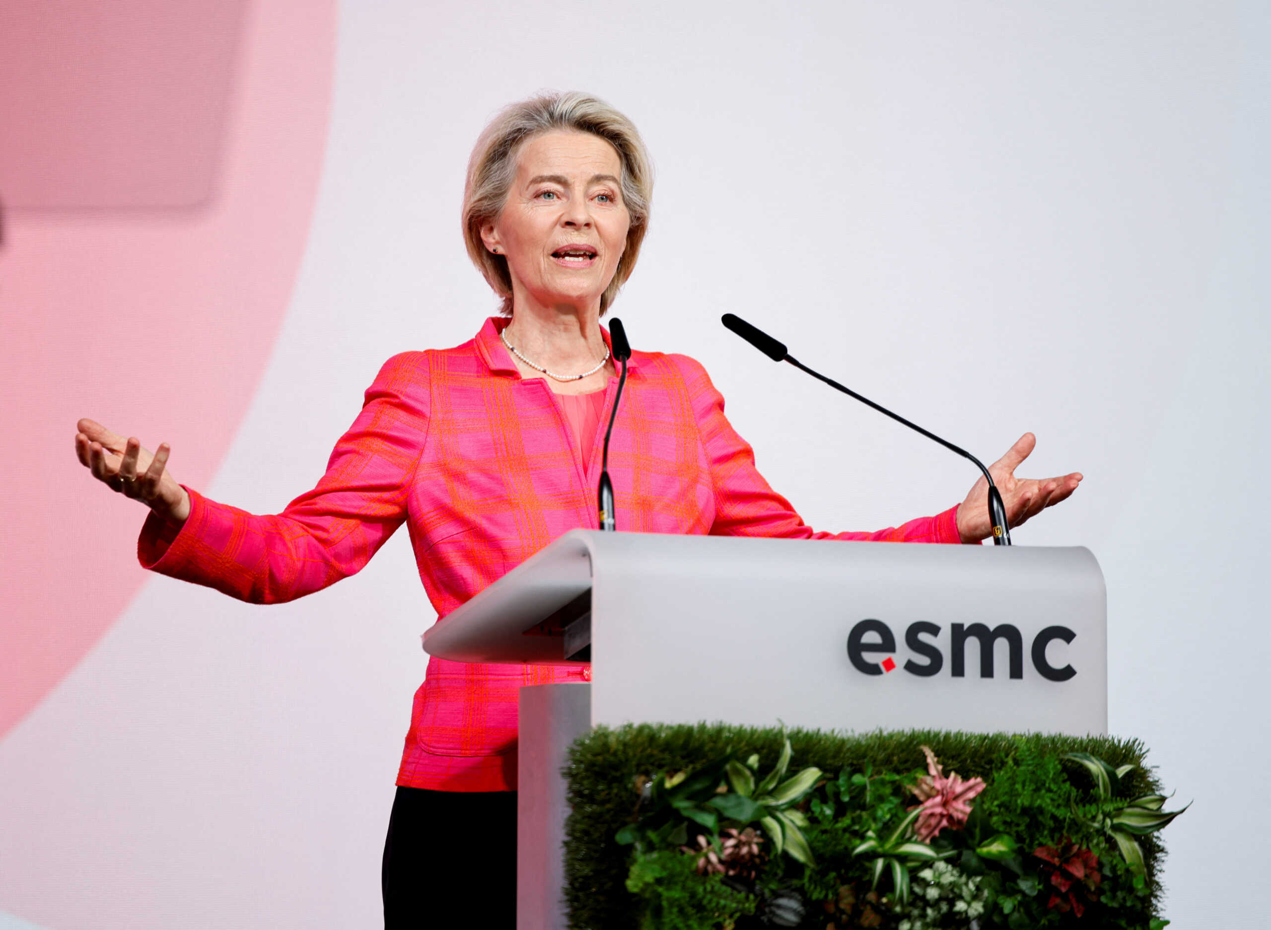 European Commission President Ursula von der Leyen speaks during the ceremony for Taiwanese chip maker TSMC's first European plant in the eastern city of Dresden, Germany, August 20, 2024. REUTERS