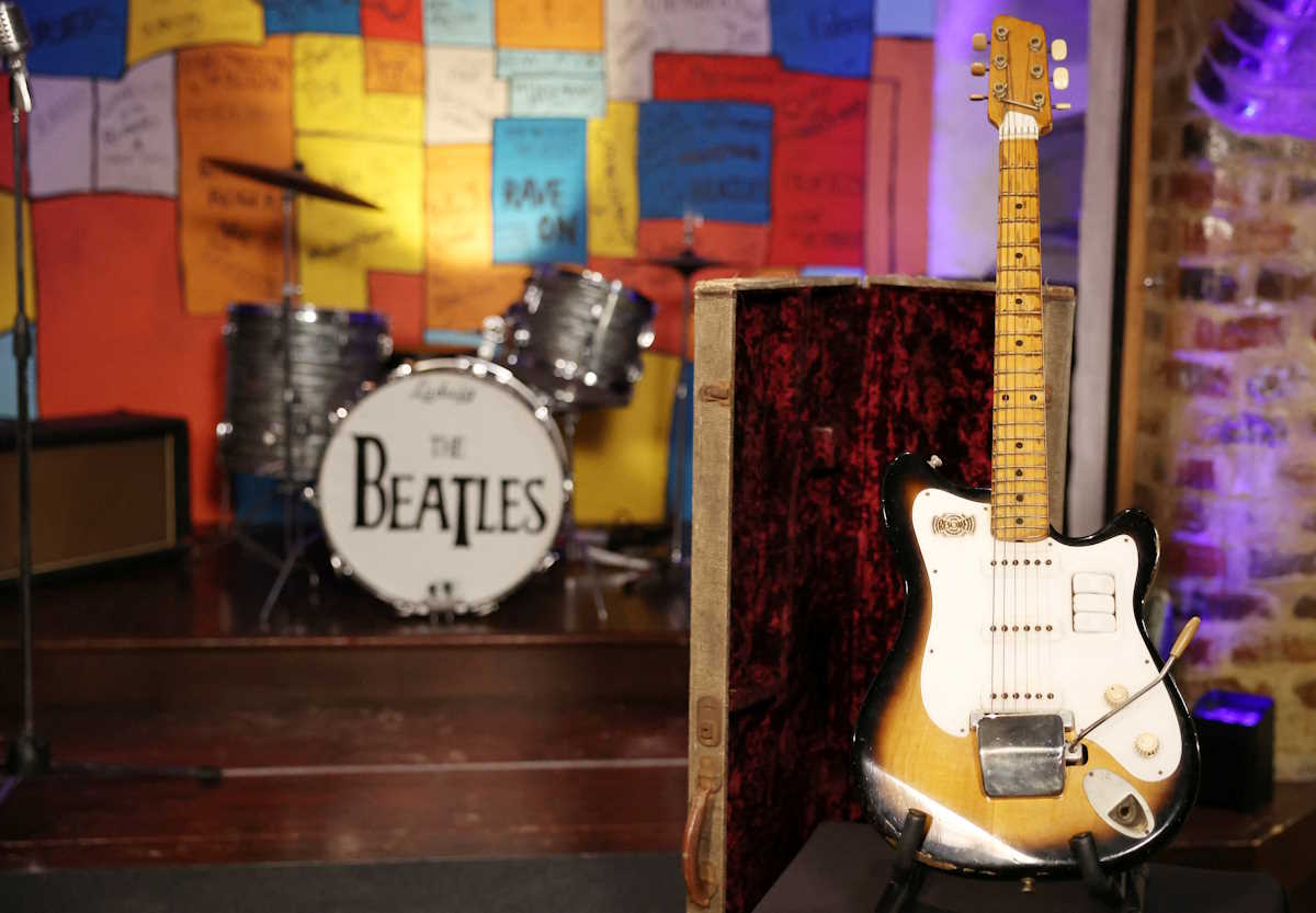 A 'Futurama' guitar that used to belong to the late George Harrison, former member of The Beatles, is displayed on a stage at a press conference held by Julien's Auctions to announce its forthcoming sale by auction in Liverpool, Britain, October 3, 2024. REUTERS