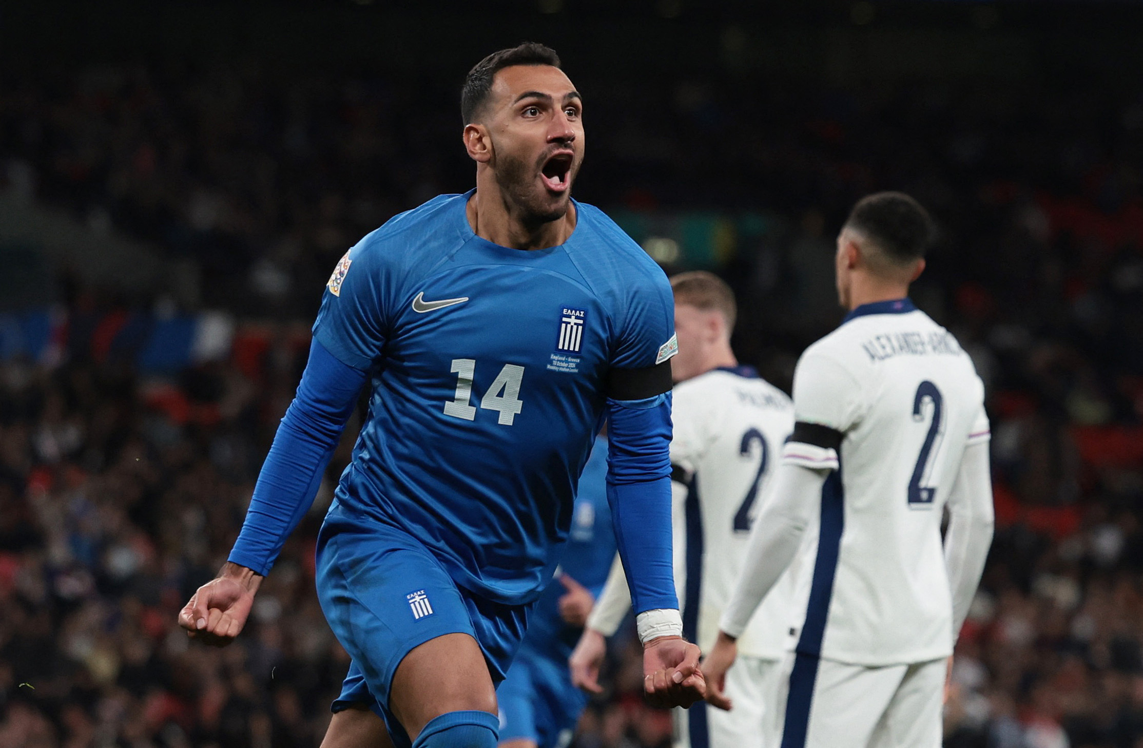 Soccer Football - UEFA Nations League - Group B2 - England v Greece - Wembley Stadium, London, Britain - October 10, 2024 Greece's Vangelis Pavlidis celebrates scoring their first goal Action Images via Reuters