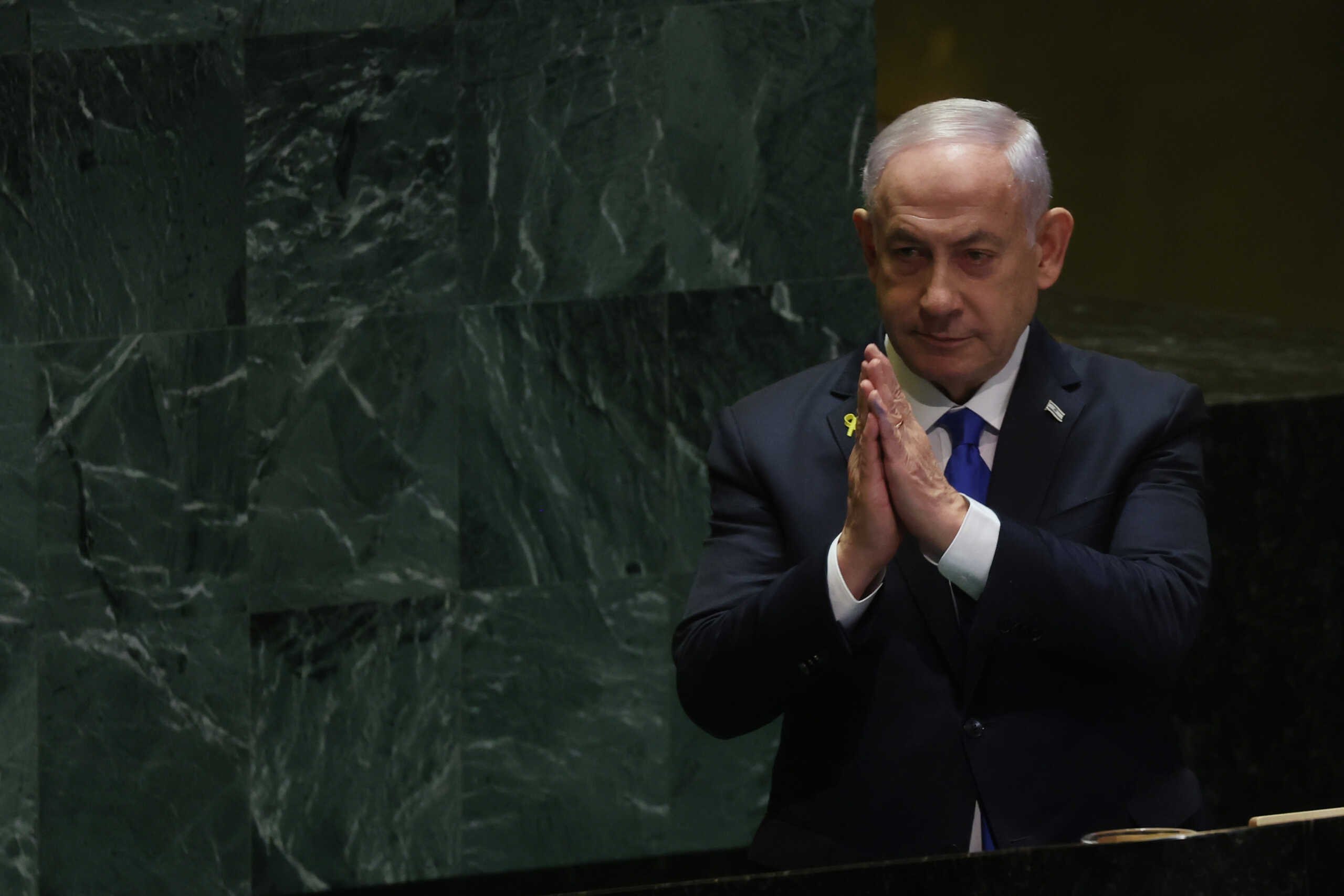 NEW YORK, NEW YORK - SEPTEMBER 27: Israeli Prime Minister Benjamin Netanyahu concludes his speech to world leaders during the United Nations General Assembly (UNGA) at the United Nations headquarters on September 27, 2024 in New York City. World leaders convened for the General Assembly as the world continues to experience major wars in Gaza, Ukraine and, Sudan along with a threat of a larger conflict in the Middle East. (Photo by Spencer Platt