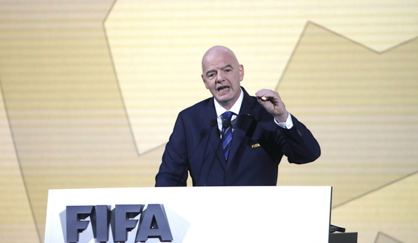 epa11347268 FIFA President Gianni Infantino delivers a speech during the 74th FIFA Congress in Bangkok, Thailand, 17 May 2024. More than 3,000 delegates from 211 affiliated associations and chiefs of six continental soccer governing bodies including soccer legends attend the meeting to discuss the soccer game and vote for the country to host the 2027 Women's World Cup.  EPA