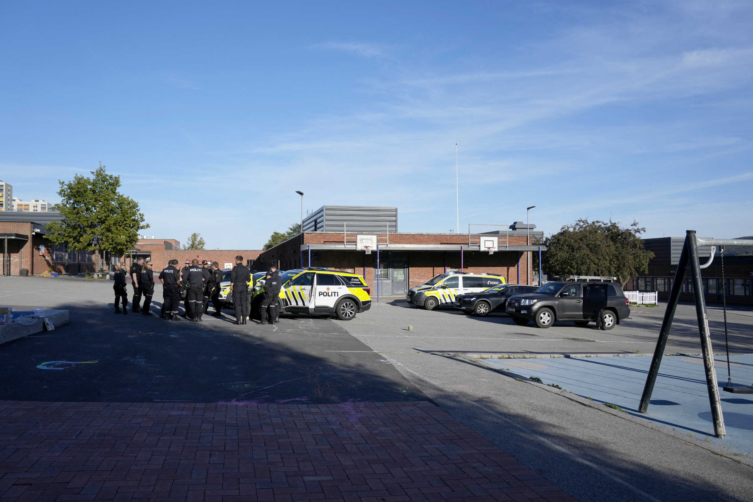 The police are on the scene after a shooting incident at Linderud school in Oslo, Norway, September 18, 2024. NTB