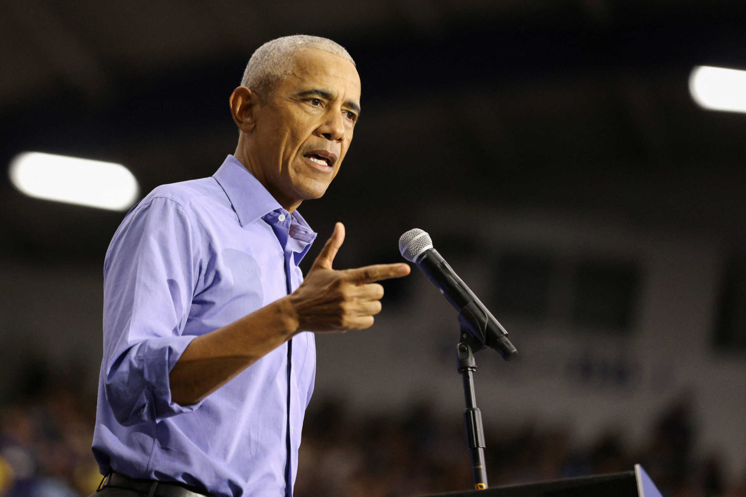 Former U.S. President Barack Obama speaks during a campaign event in support of Democratic presidential nominee and U.S. Vice President Kamala Harris in Pittsburgh, Pennsylvania, U.S., October 10, 2024. REUTERS