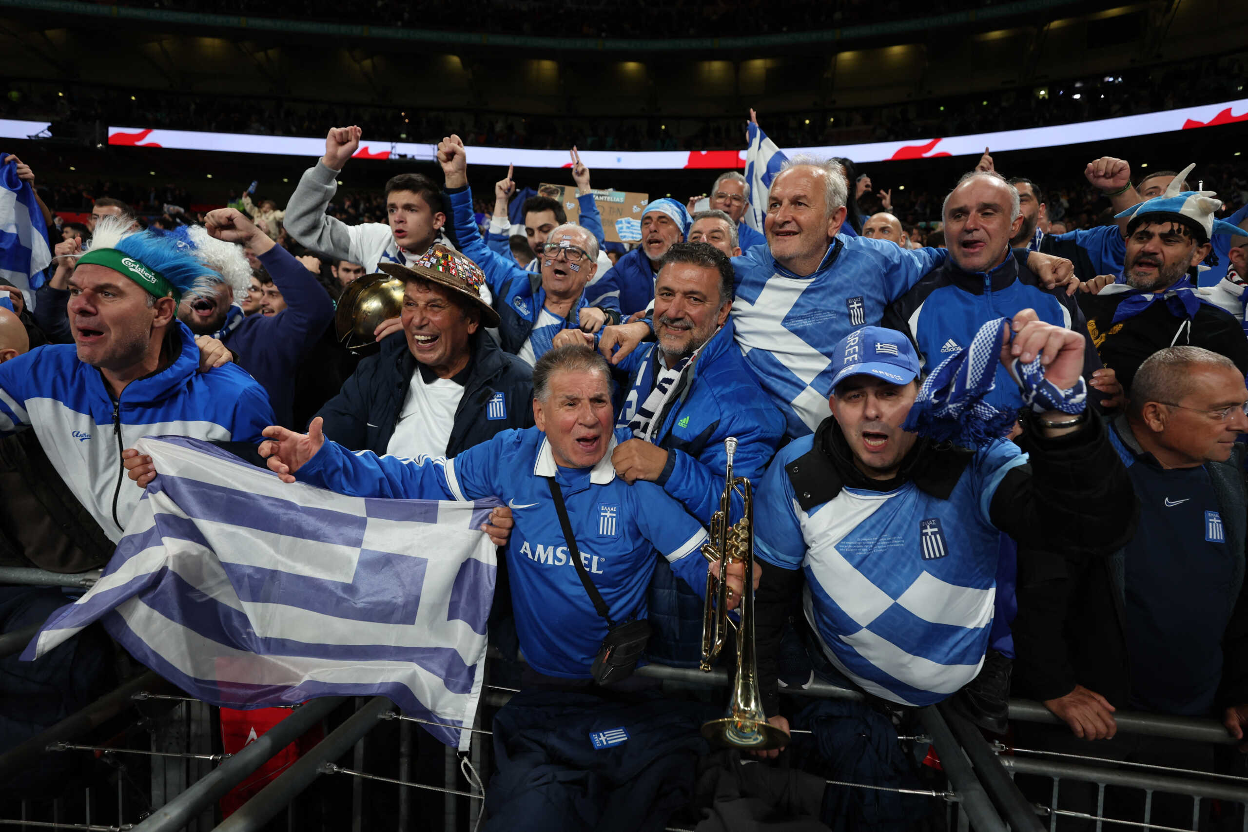 Soccer Football - UEFA Nations League - Group B2 - England v Greece - Wembley Stadium, London, Britain - October 10, 2024 Greece fans celebrate after the match Action Images via Reuters