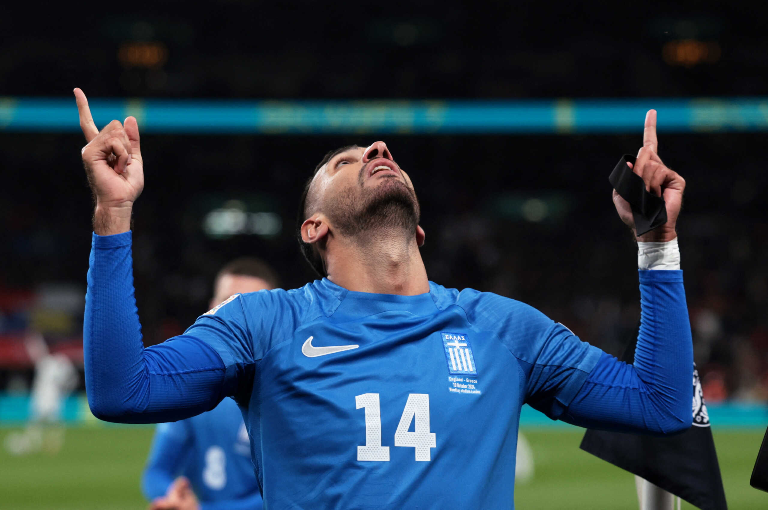 Soccer Football - UEFA Nations League - Group B2 - England v Greece - Wembley Stadium, London, Britain - October 10, 2024 Greece's Vangelis Pavlidis celebrates scoring their first goal Action Images via Reuters