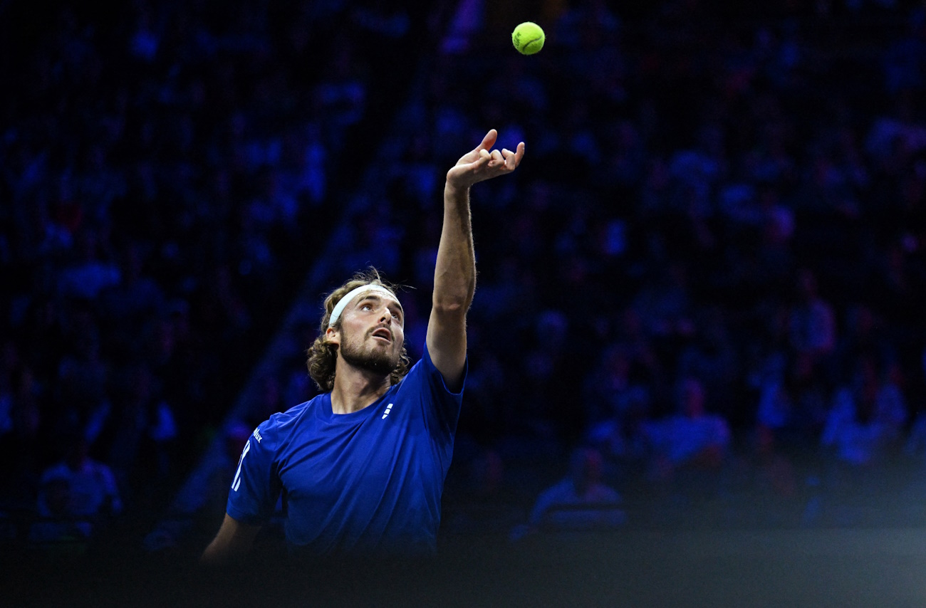 Tennis - Laver Cup - Uber Arena, Berlin, Germany - September 20, 2024  Team Europe's Stefanos Tsitsipas in action during his match against Team World's Thanasi Kokkinakis REUTERS