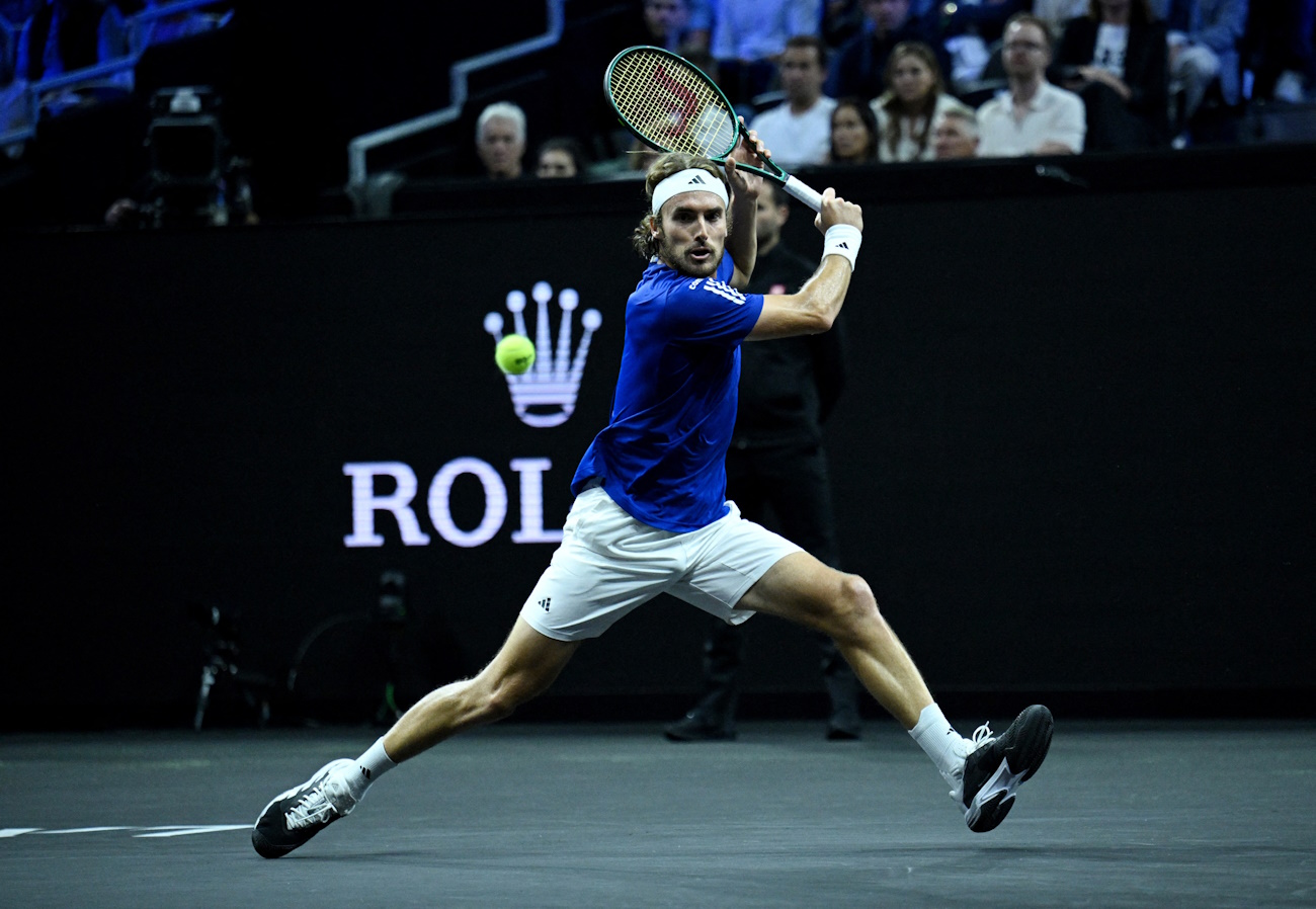 Tennis - Laver Cup - Uber Arena, Berlin, Germany - September 20, 2024  Team Europe's Stefanos Tsitsipas in action during his match against Team World's Thanasi Kokkinakis REUTERS