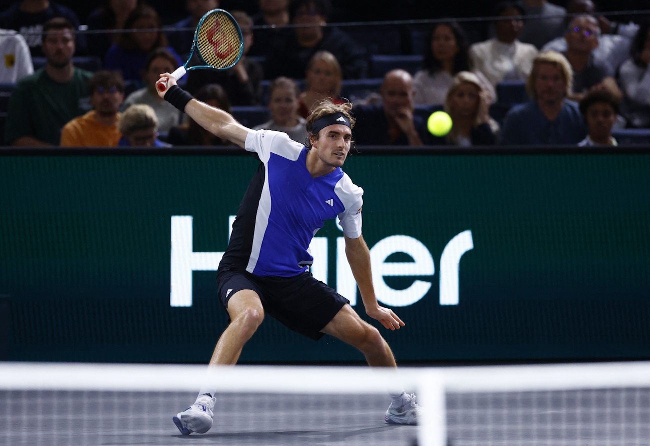 Tennis - Paris Masters - Accor Arena, Paris, France - October 31, 2024 Greece's Stefanos Tsitsipas in action during his round of 16 match against Argentina's Francisco Cerundolo REUTERS