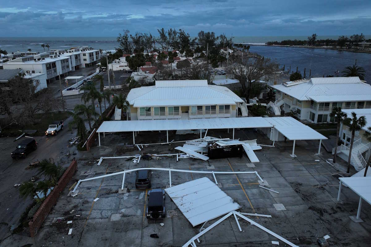 A drone view shows buildings and structures damaged by Hurricane Milton after it made landfall, in Venice, Florida, U.S., October 10, 2024. REUTERS