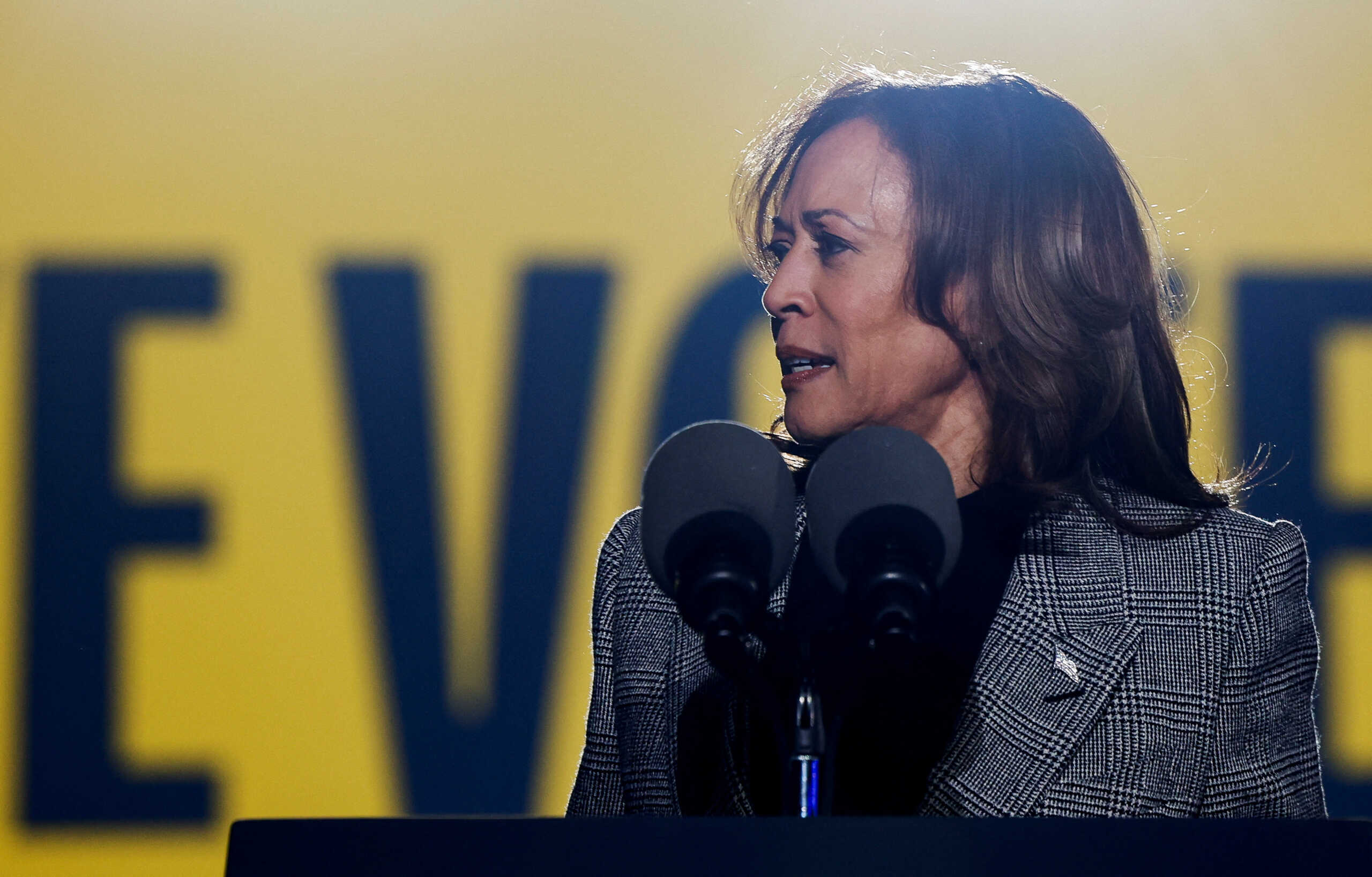 Democratic presidential nominee U.S. Vice President Kamala Harris speaks during a campaign rally and concert in Ann Arbor, Michigan, U.S. October 28, 2024. REUTERS