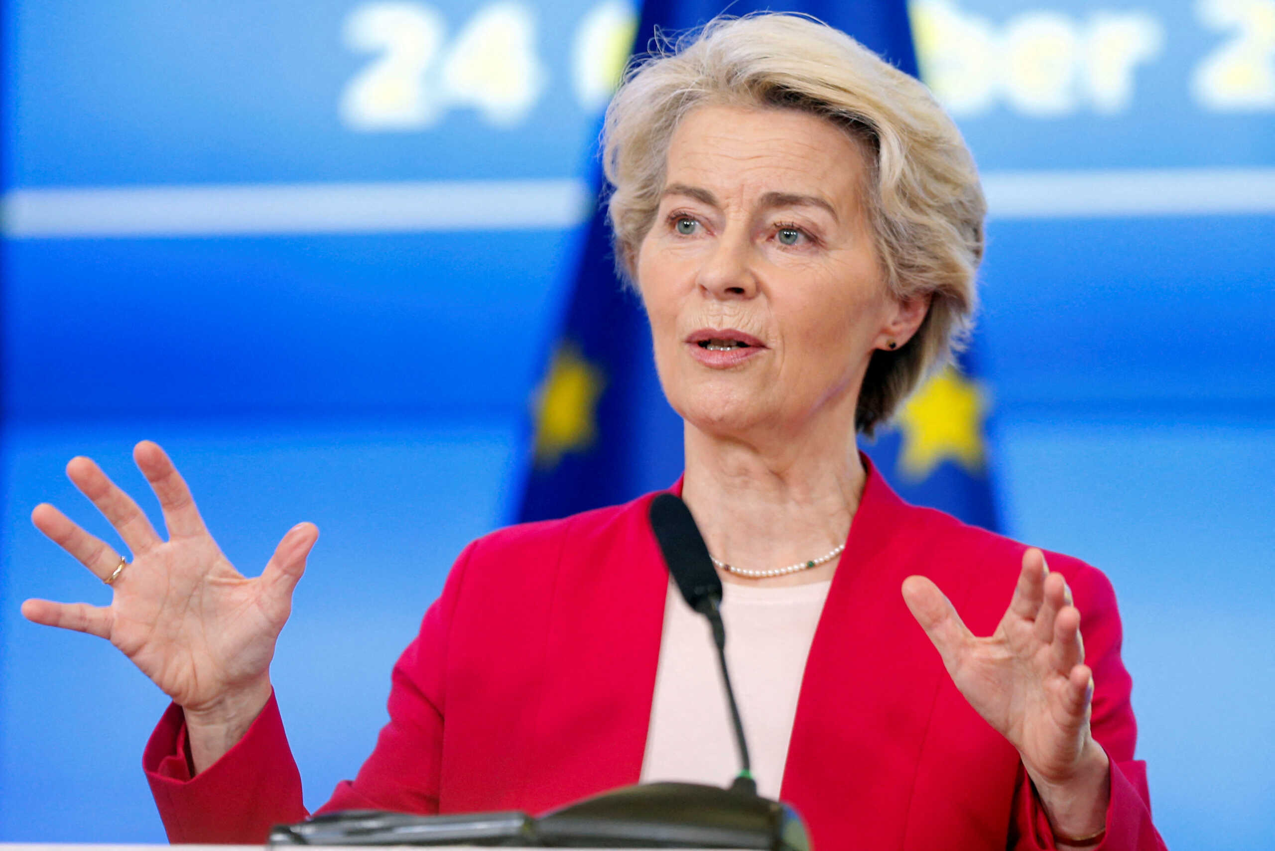 European Commission President Ursula von der Leyen attends a press conference, during her visit to Skopje, North Macedonia October 24, 2024. REUTERS