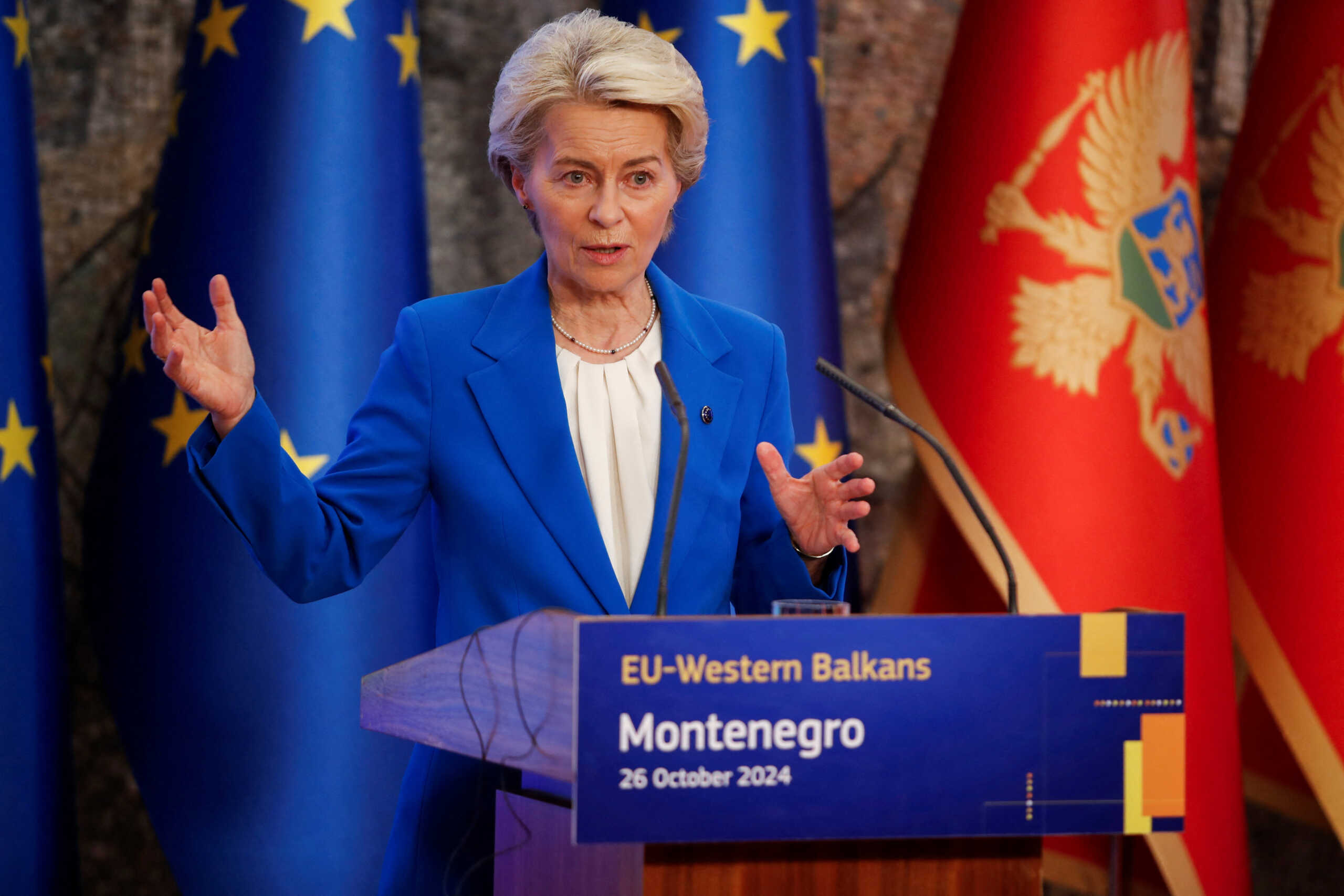 European Commission President Ursula von der Leyen gestures as she speaks during a press conference in Podgorica, Montenegro October 26, 2024. REUTERS