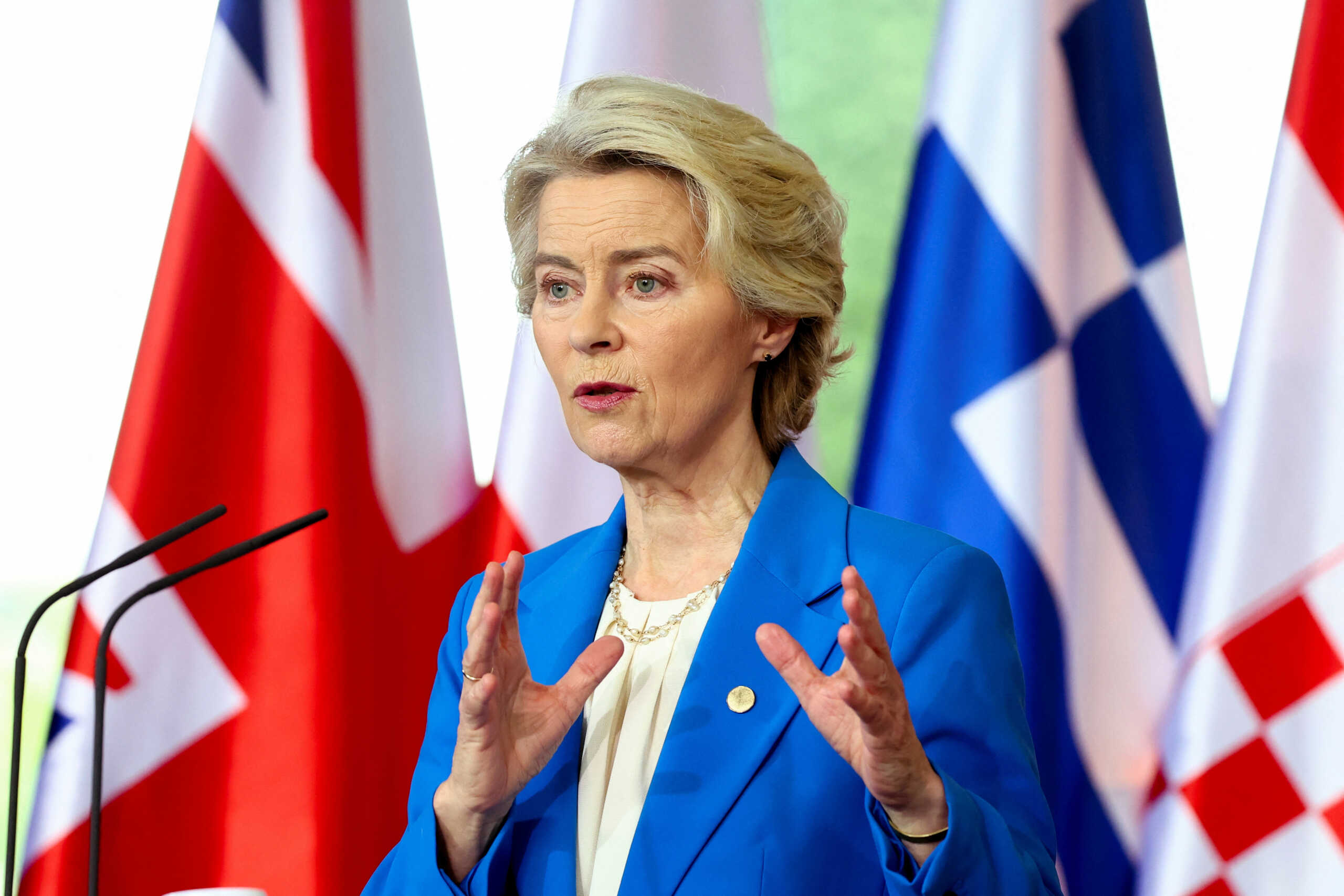 European Commission President Ursula von der Leyen speaks during a press conference with German Chancellor Olaf Scholz (not pictured) at the Berlin Process Summit, in Berlin, Germany, October 14, 2024.   REUTERS