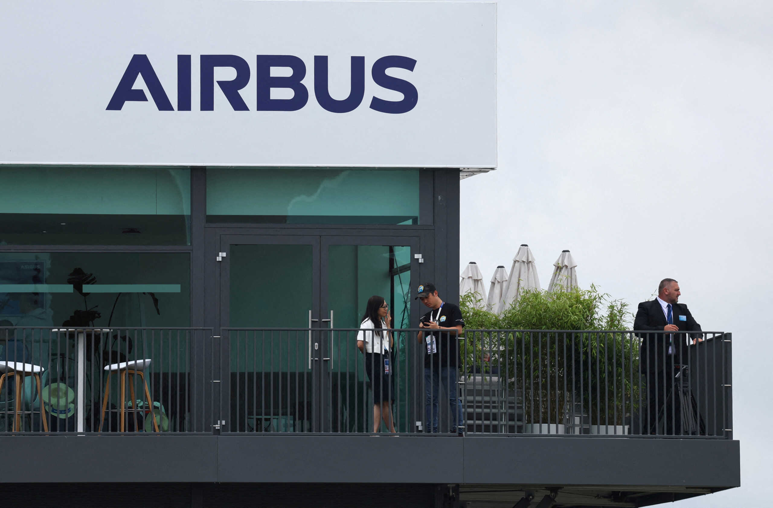 FILE PHOTO: Branding for Airbus is seen at the Farnborough International Airshow, in Farnborough, Britain, July 22, 2024. REUTERS