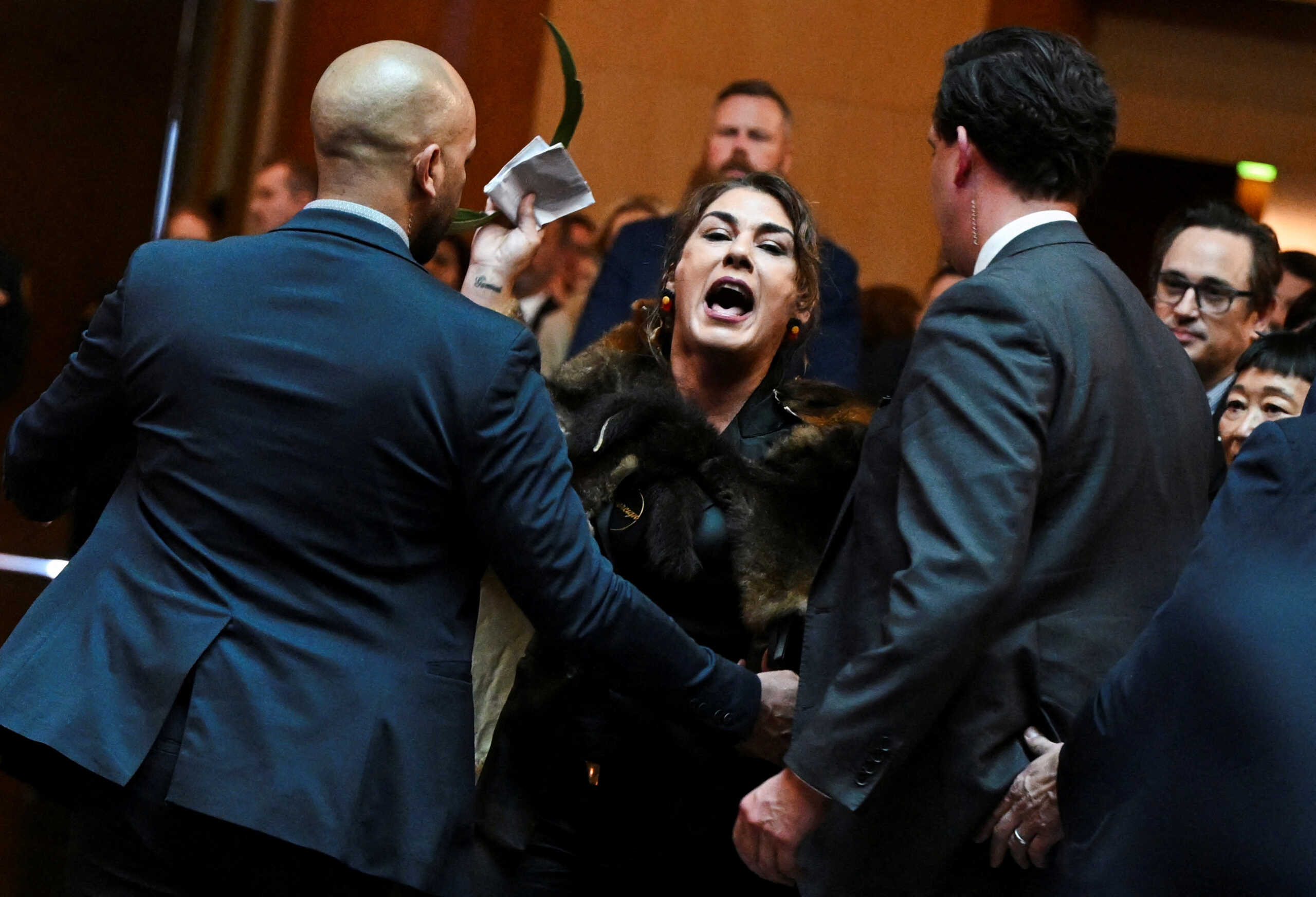 Australian Senator Lidia Thorpe stages a protest as Britain's King Charles and Queen Camilla attend a Parliamentary reception in Canberra, Australia - 21 Oct 2024. Victoria Jones