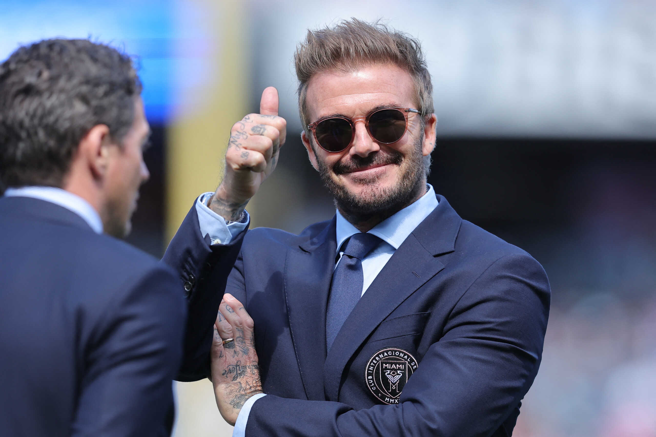 Sep 21, 2024; New York, New York, USA; Inter Miami CF owner David Beckham gives a thumbs up before the game against New York City FC at Yankee Stadium. Mandatory Credit: Brad Penner-Imagn Images