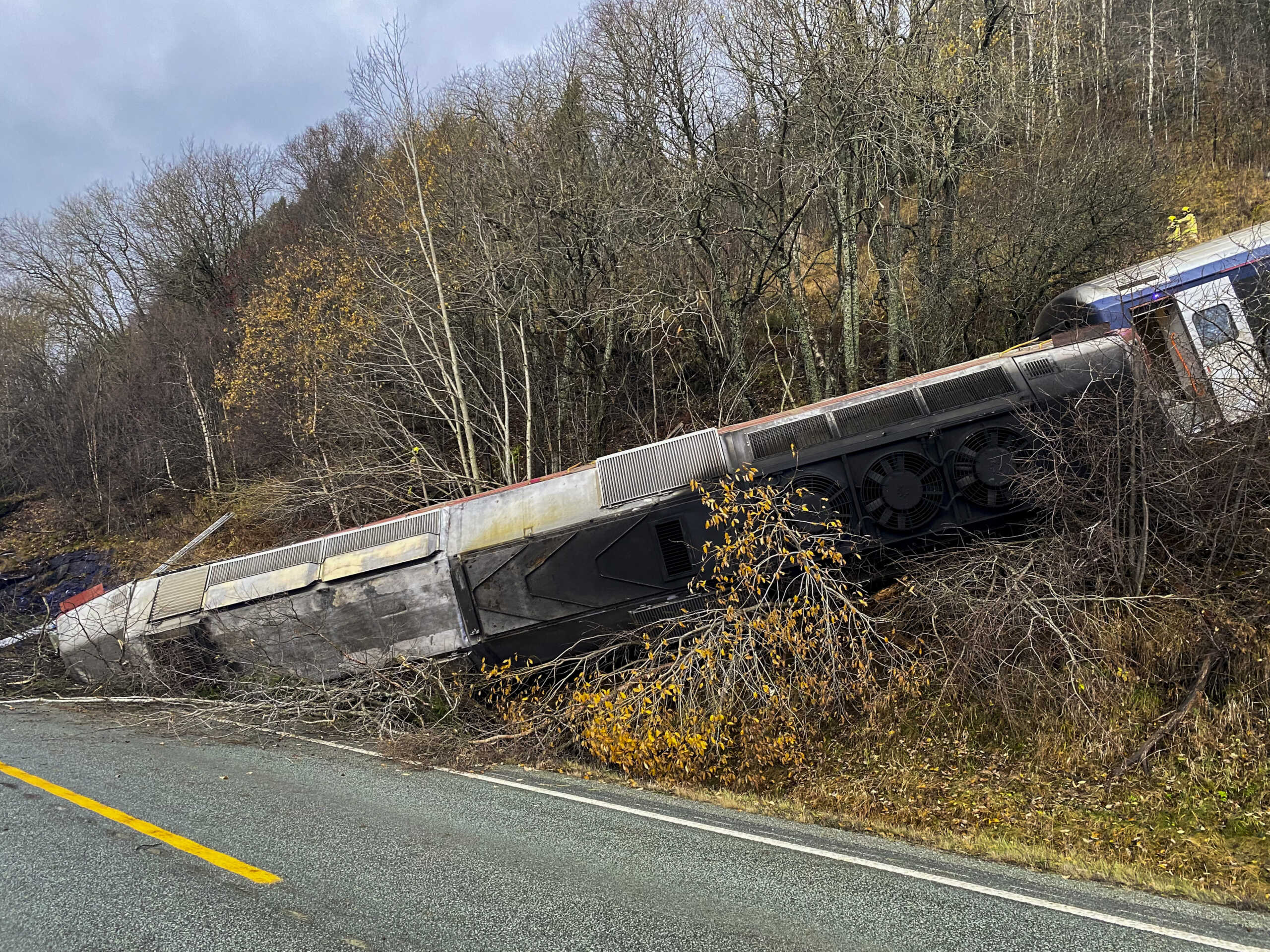 Several people were injured in the train derailment at Finneidfjord in Nordland, Norway, on Wednesday afternoon, the police said, Thursday, Oct. 24, 2024. The derailment is probably caused by a rock slide. (Jan Kenneth Transeth