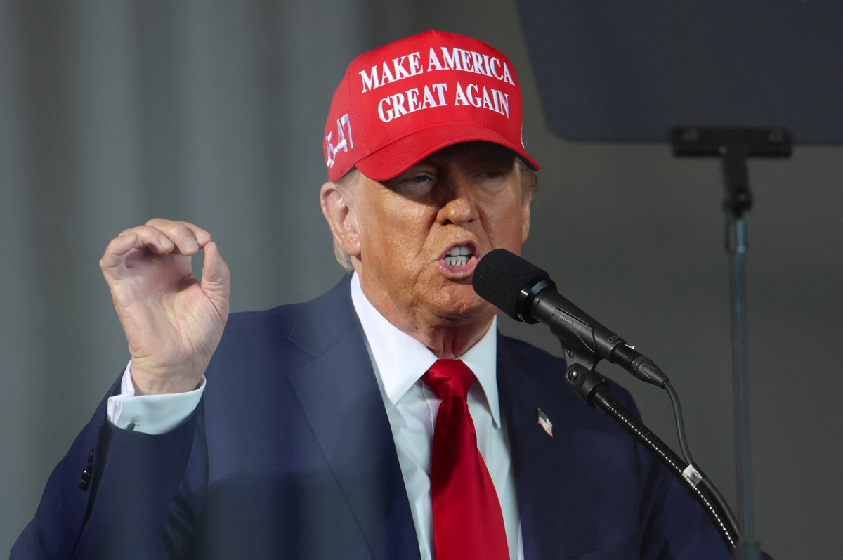 Republican presidential nominee and former U.S. President Donald Trump speaks during a rally in Juneau, Wisconsin, U.S., October 6, 2024. REUTERS