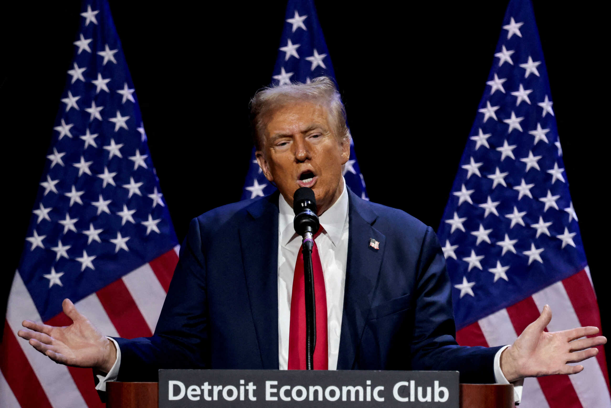 FILE PHOTO: Republican presidential nominee and former U.S. President Donald Trump addresses the Detroit Economic Club in Detroit, Michigan, U.S., October 10, 2024. REUTERS