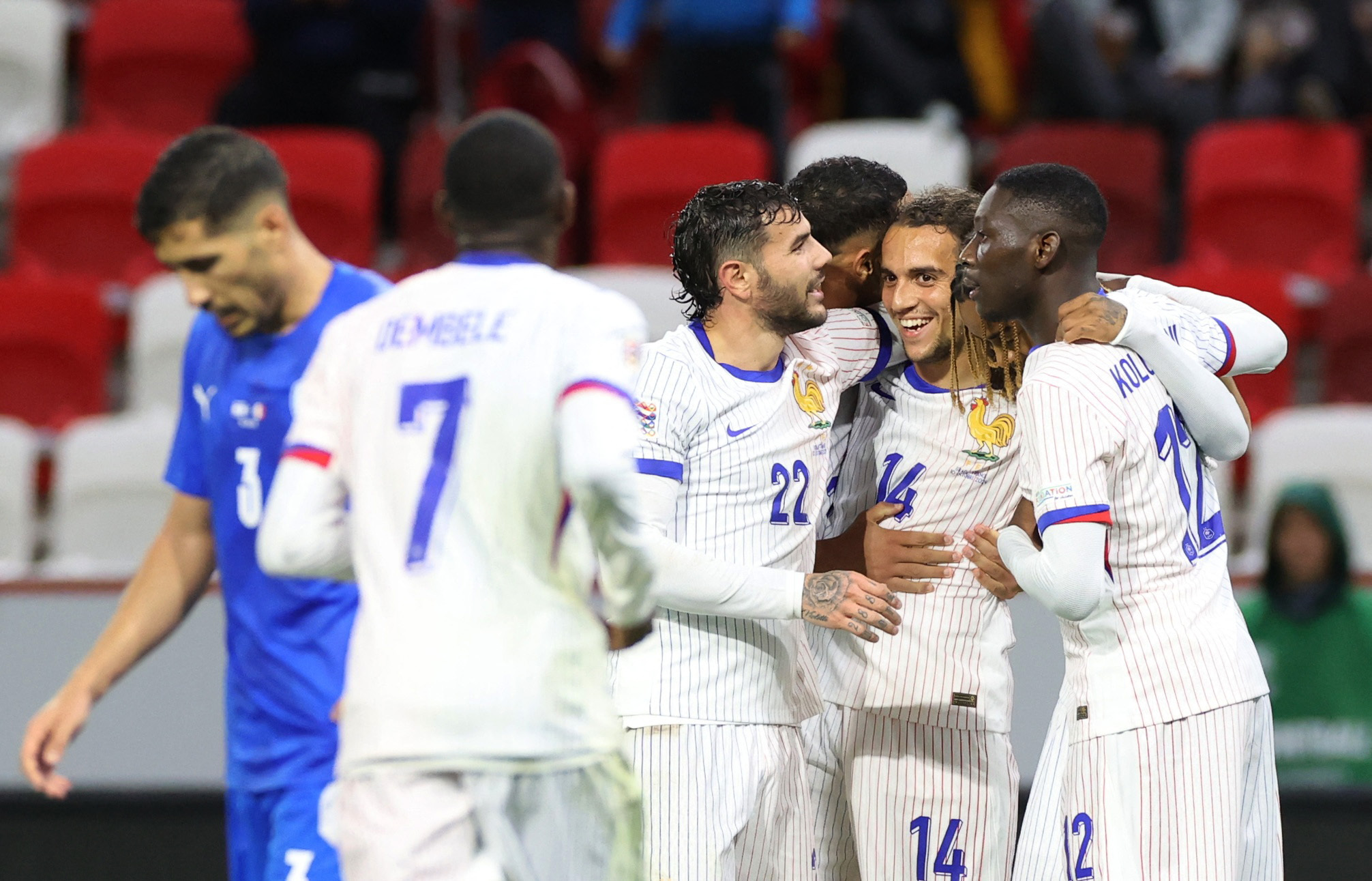 Soccer Football - UEFA Nations League - Group A2 - Israel v France - Bozsik Arena, Budapest, Hungary - October 10, 2024 France's Matteo Guendouzi celebrates scoring their third goal with teammates REUTERS