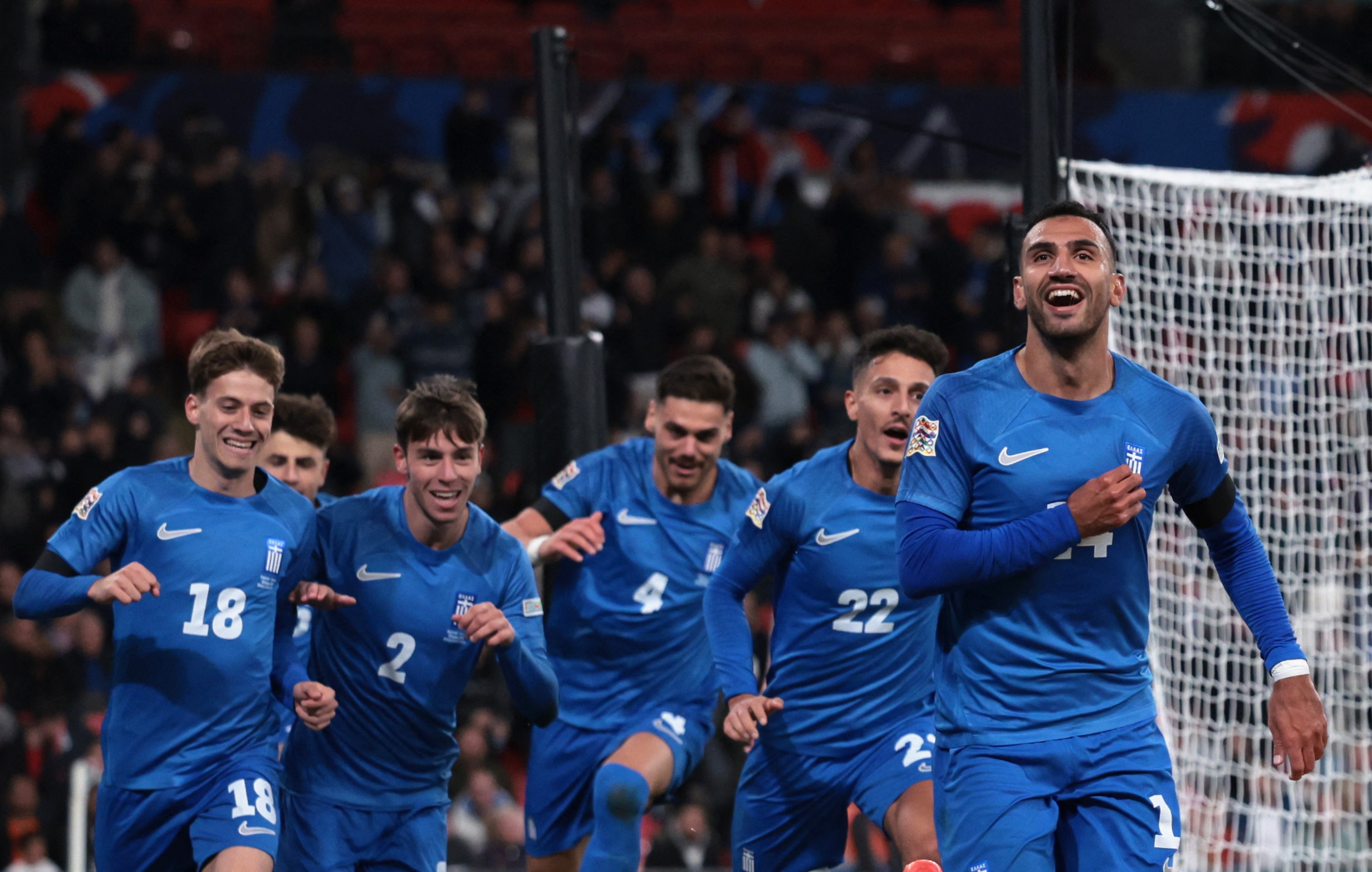 Soccer Football - UEFA Nations League - Group B2 - England v Greece - Wembley Stadium, London, Britain - October 10, 2024 Greece's Vangelis Pavlidis celebrates scoring their second goal with teammates Action Images via Reuters