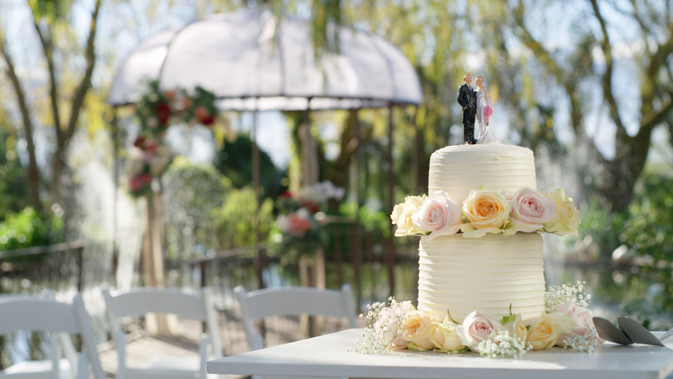 Shot of a cake topped with plastic bride and groom figurines at an outdoor wedding