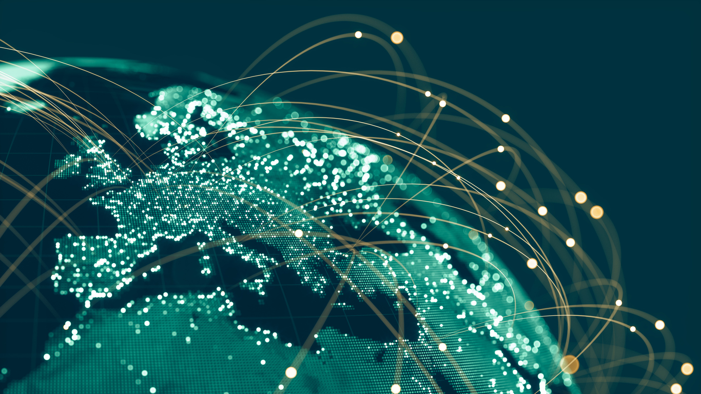 Blue Globe viewing from space at night with connections between cities.
(World Map Courtesy of NASA: https: